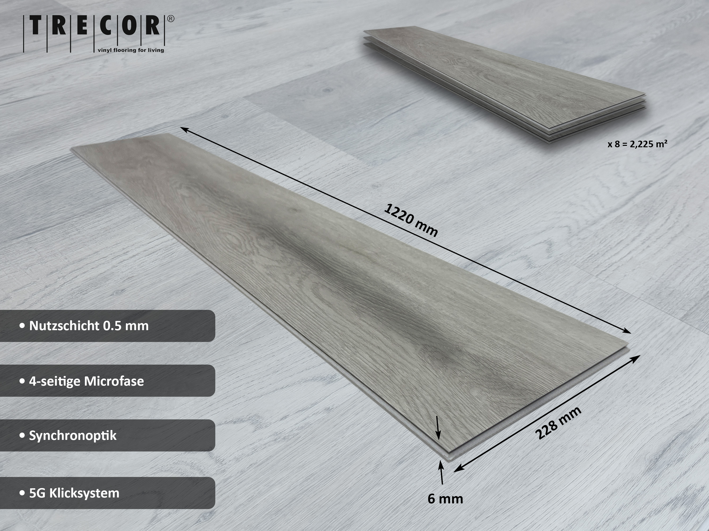 TRECOR® SPC / RIGID Klick Vinylboden Eiche Premium Hell Landhausdiele - 5 mm - Synchronoberfläche - 5G Klick TRECOR® SPC / RIGID Klick Vinylboden Eiche Premium Hell Landhausdiele - 5 mm - Synchronoberfläche - 5G Klick
