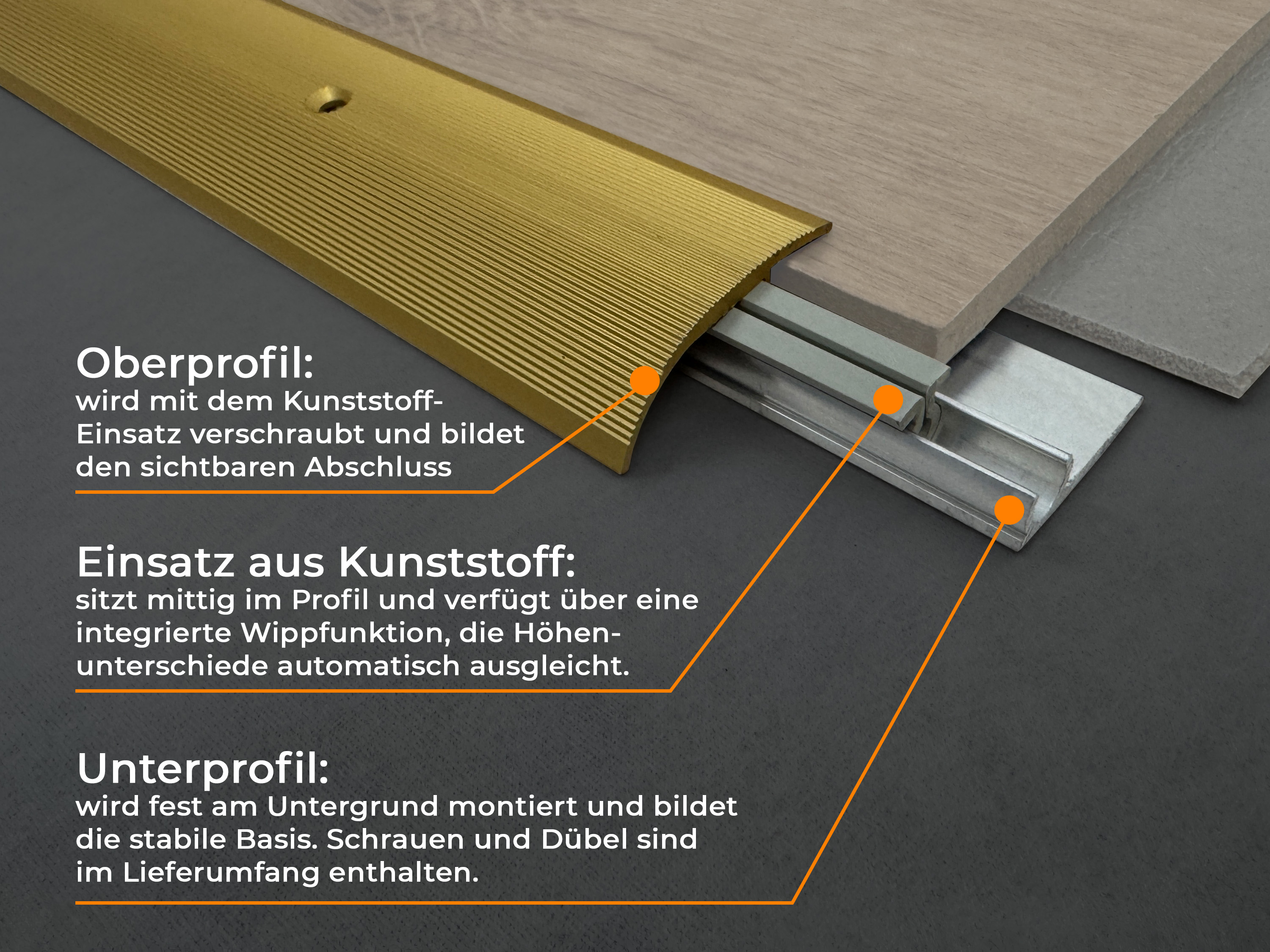 TRIFLOOR FINISH | ALU Höhenausgleichsprofil, schraubbar, Farbe: Gold eloxiert, Länge: 270 cm
