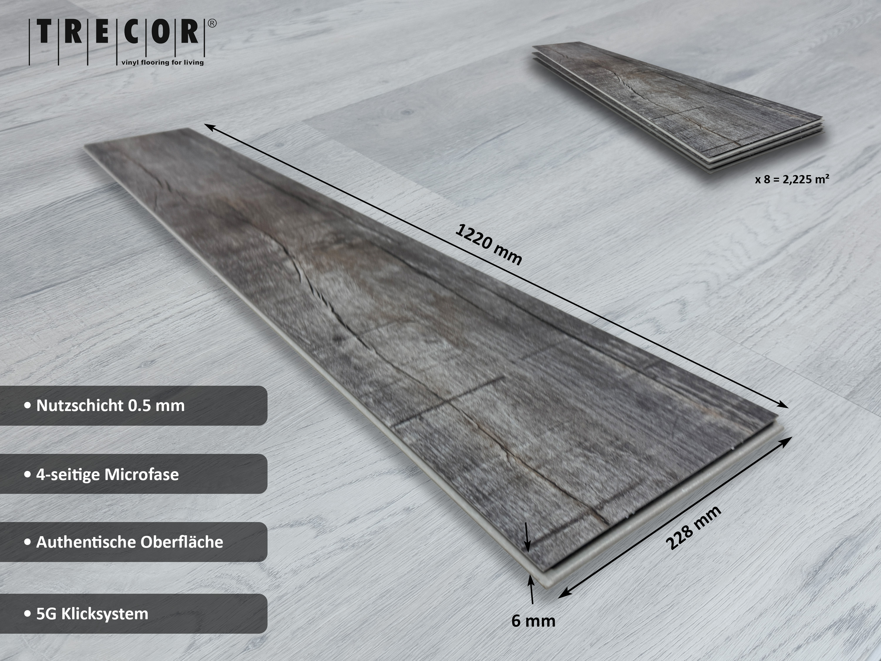 TRECOR® SPC / RIGID Klick Vinylboden Eiche Old Rustik Dark Landhausdiele - 5 mm - Synchronoberfläche - 5G Klick TRECOR® SPC / RIGID Klick Vinylboden Eiche Old Rustik Dark Landhausdiele - 5 mm - Synchronoberfläche - 5G Klick