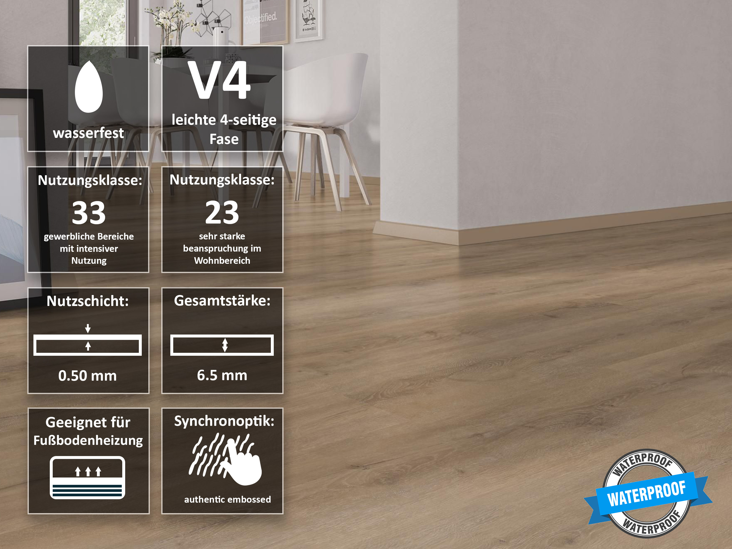 Vinylboden Eiche Premium Natur SPC Klickvinyl 6,5 mm Stark, V4 Fuge inkl. 1 mm Trittschalldämmung