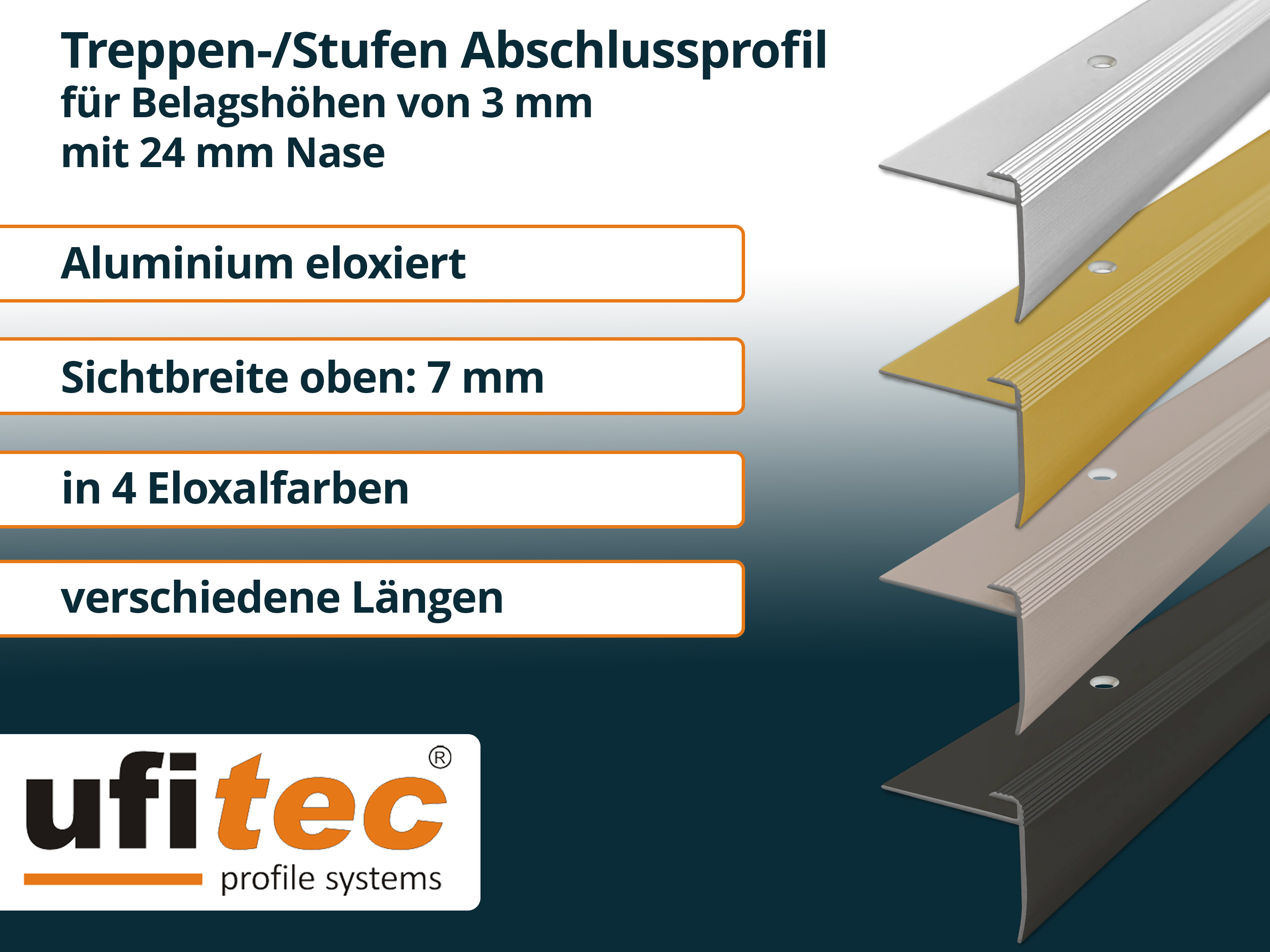 ufitec® Einschubprofil für Belagshöhen bis 3 mm mit 24 mm Nase Treppen-/Stufen Abschlussprofil ufitec® Einschubprofil für Belagshöhen bis 3 mm mit 24 mm Nase Treppen-/Stufen Abschlussprofil