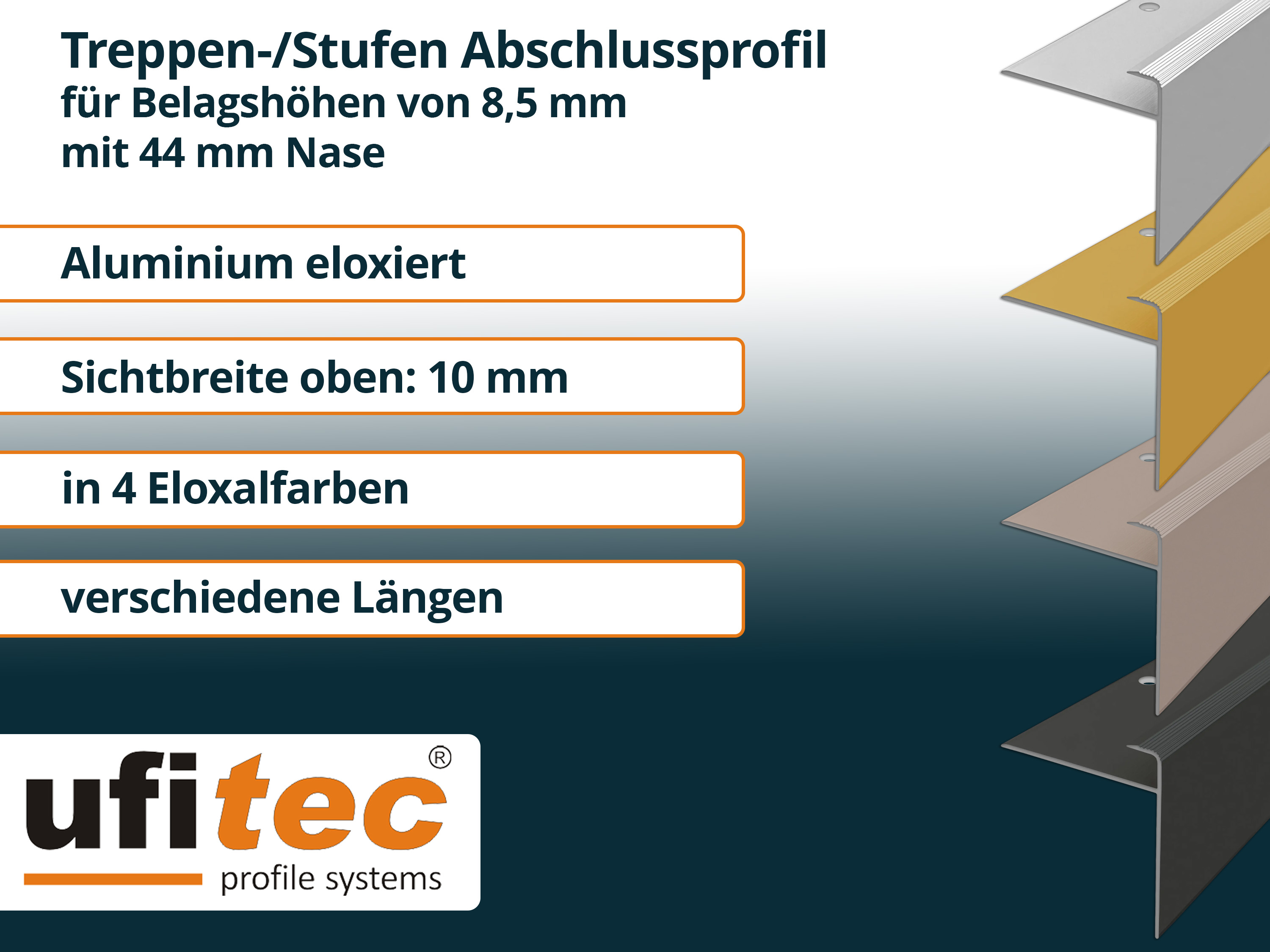 ufitec® Einschubprofil für Belagshöhe bis 8,5 mm | 44 mm Nase Treppen-/Stufen Abschlussprofil ufitec® Einschubprofil für Belagshöhe bis 8,5 mm | 44 mm Nase Treppen-/Stufen Abschlussprofil