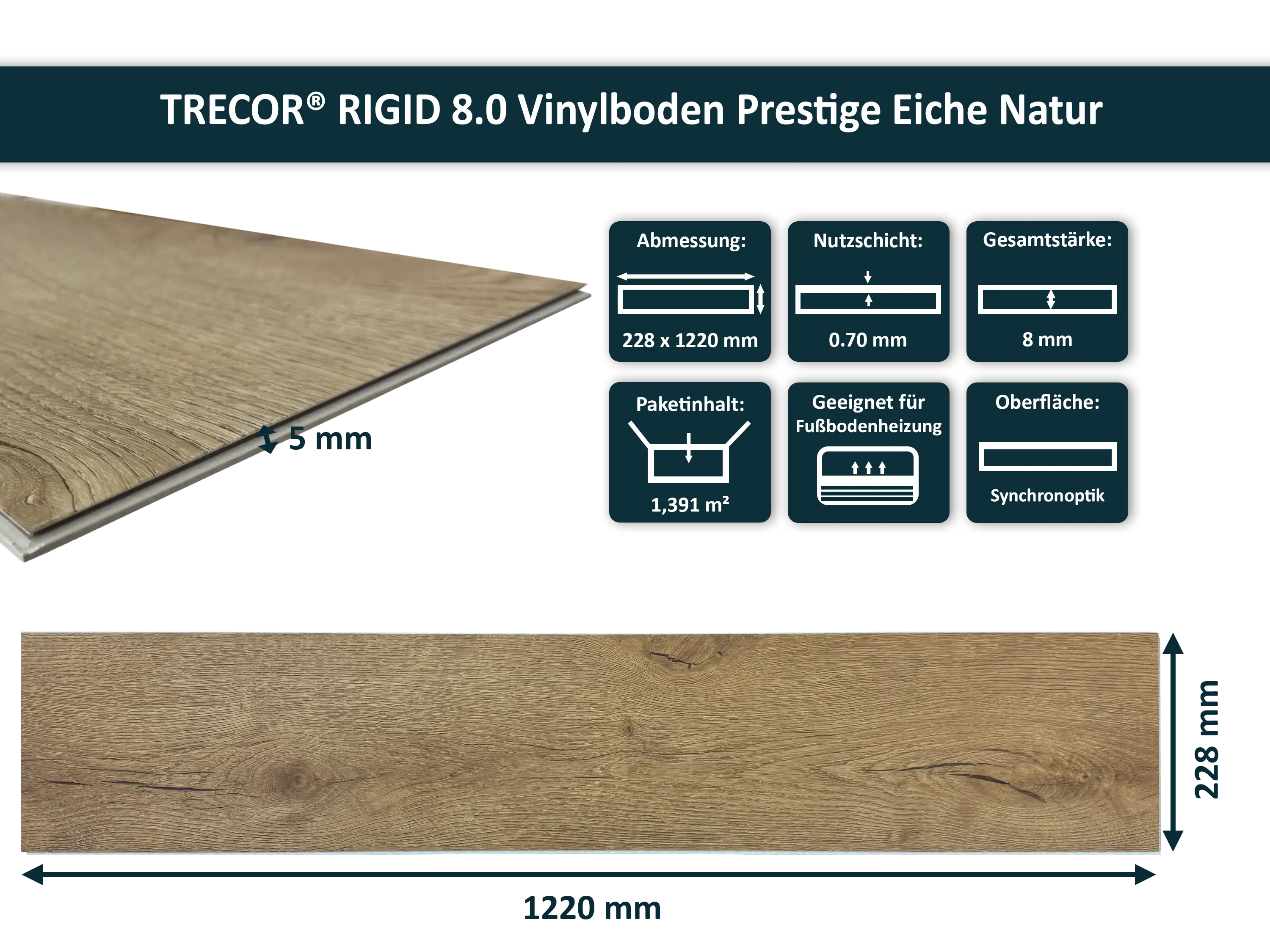TRECOR® Ultimate Klick Vinylboden RIGID 8.0 Landhausdiele Prestige Eiche Natur - 8 mm Stark TRECOR® Ultimate Klick Vinylboden RIGID 8.0 Landhausdiele Prestige Eiche Natur - 8 mm Stark
