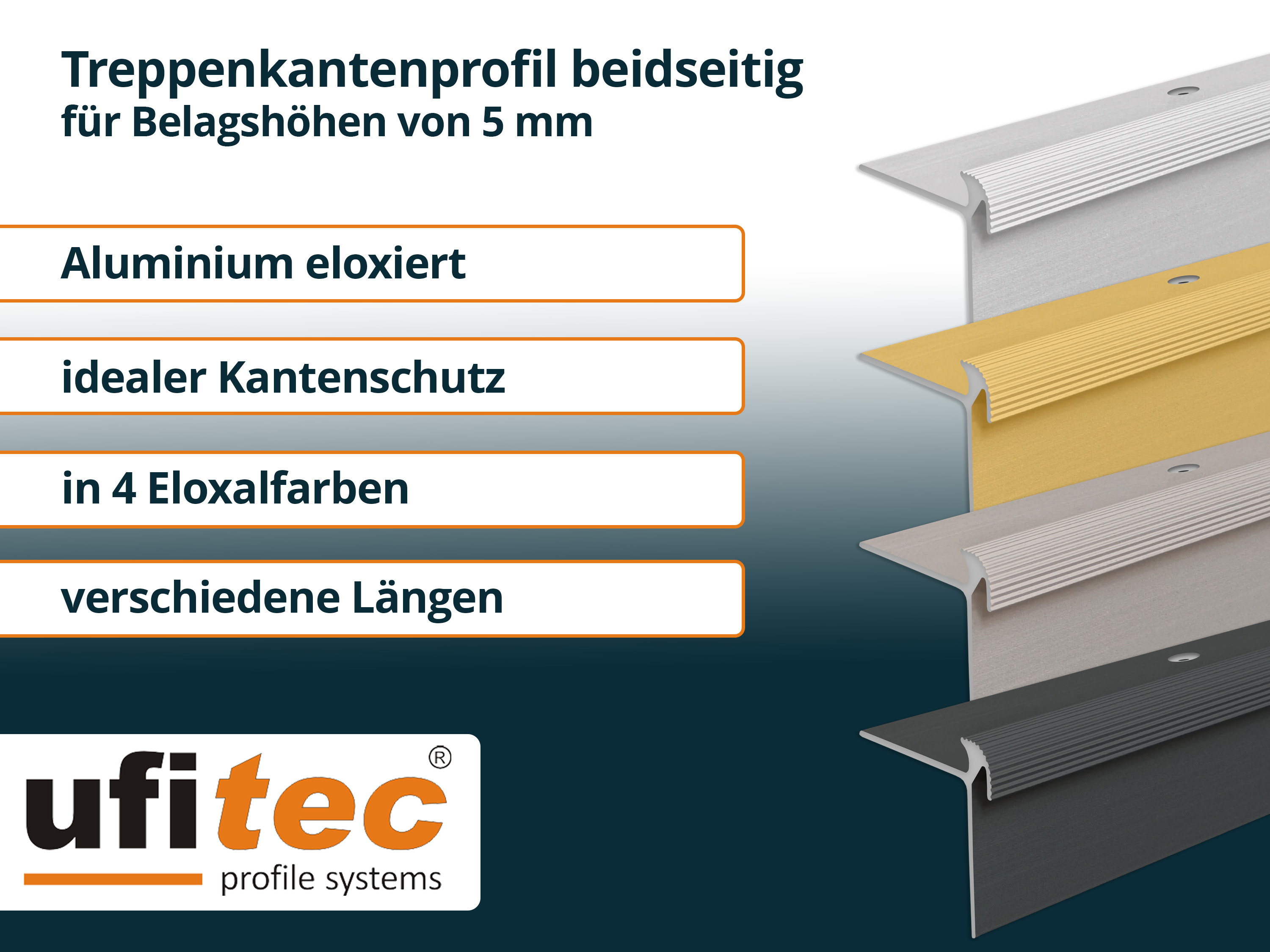 ufitec® Treppenkantenprofil beidseitig für Vinylböden für Belagshöhen von 5 mm - Alu eloxiert ufitec® Treppenkantenprofil beidseitig für Vinylböden für Belagshöhen von 5 mm - Alu eloxiert