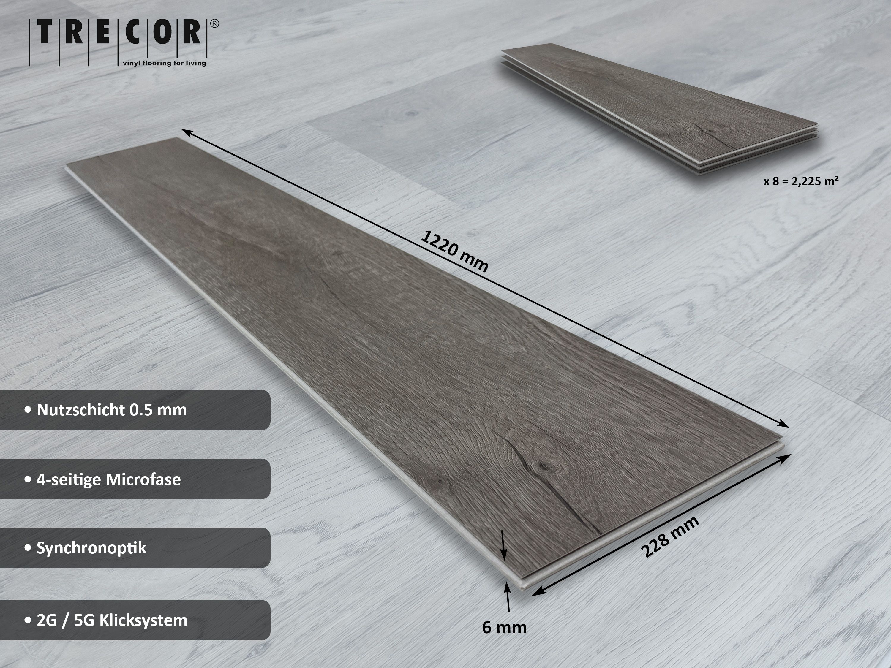 TRECOR® SPC / RIGID Klick Vinylboden Prestige Eiche Grau Landhausdiele - 5 mm - mit Synchronoberfläche TRECOR® SPC / RIGID Klick Vinylboden Prestige Eiche Grau Landhausdiele - 5 mm - mit Synchronoberfläche