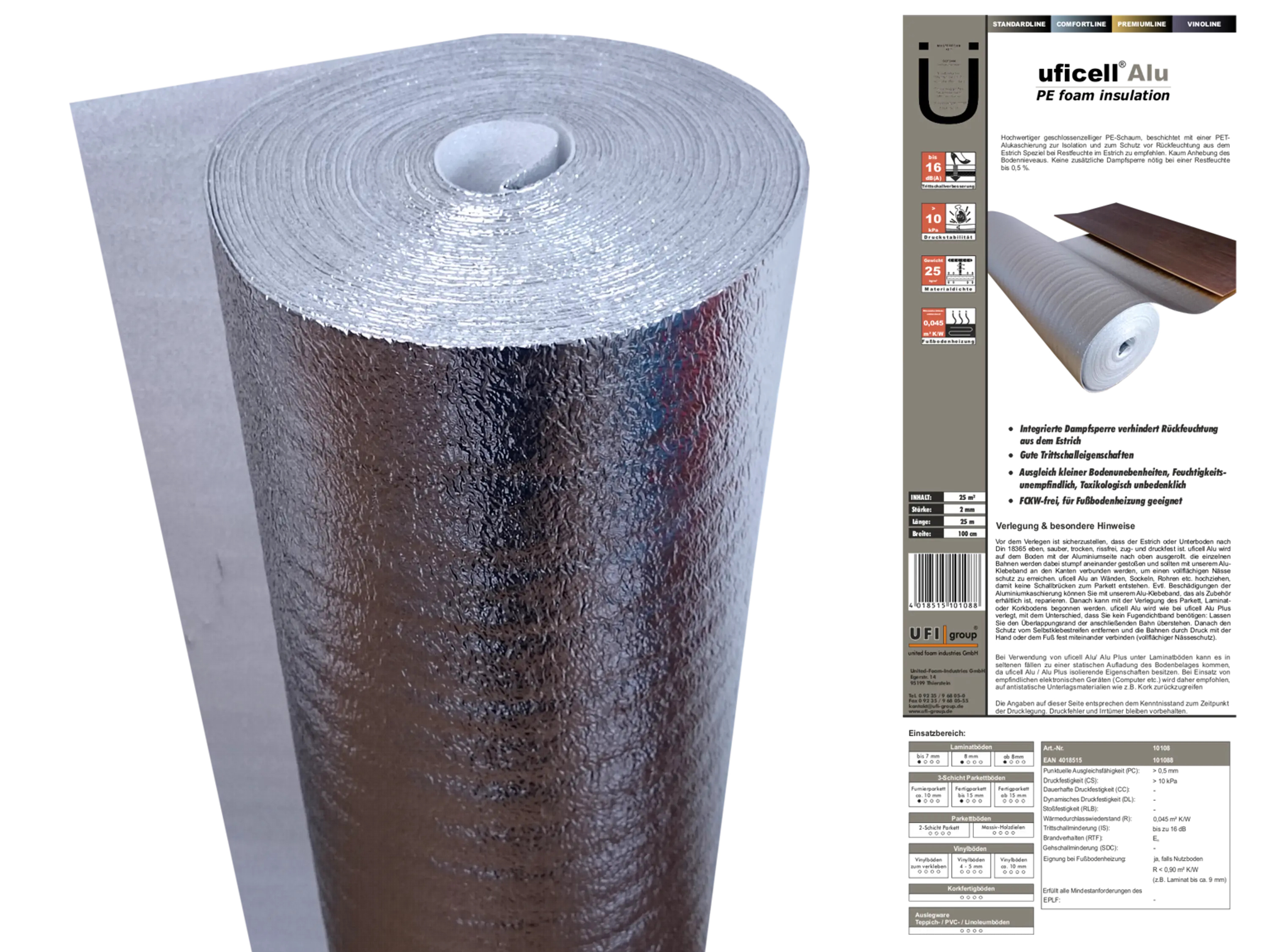 uficell® ALU Trittschalldämmung mit Alu-Kaschierung perfekt für Fußbodenheizung, 2 mm stark uficell® ALU Trittschalldämmung mit Alu-Kaschierung perfekt für Fußbodenheizung, 2 mm stark