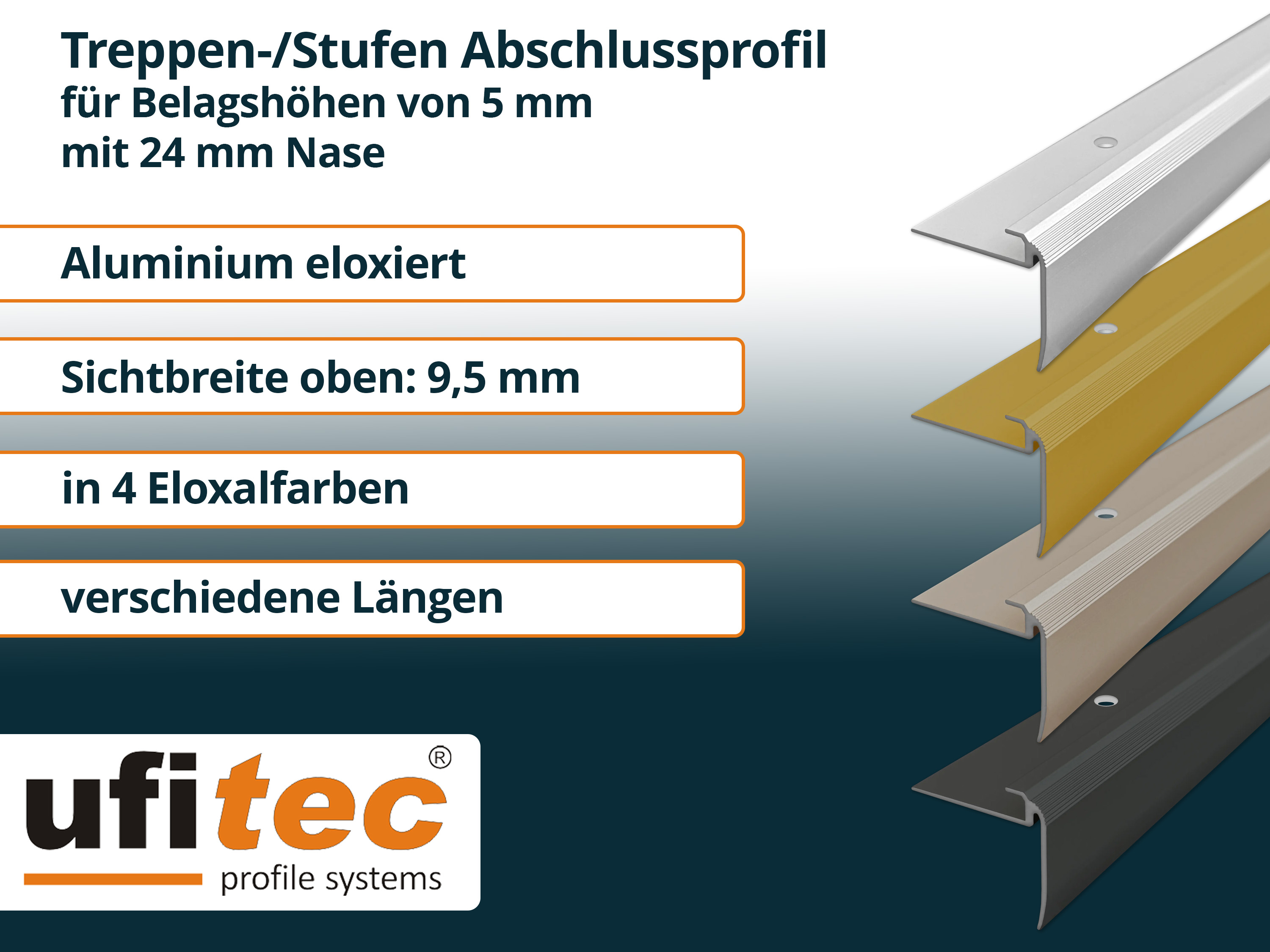 ufitec® Einschubprofil für Belagshöhen bis 5 mm | 24 mm Nase Treppen-/Stufen Abschlussprofil ufitec® Einschubprofil für Belagshöhen bis 5 mm | 24 mm Nase Treppen-/Stufen Abschlussprofil
