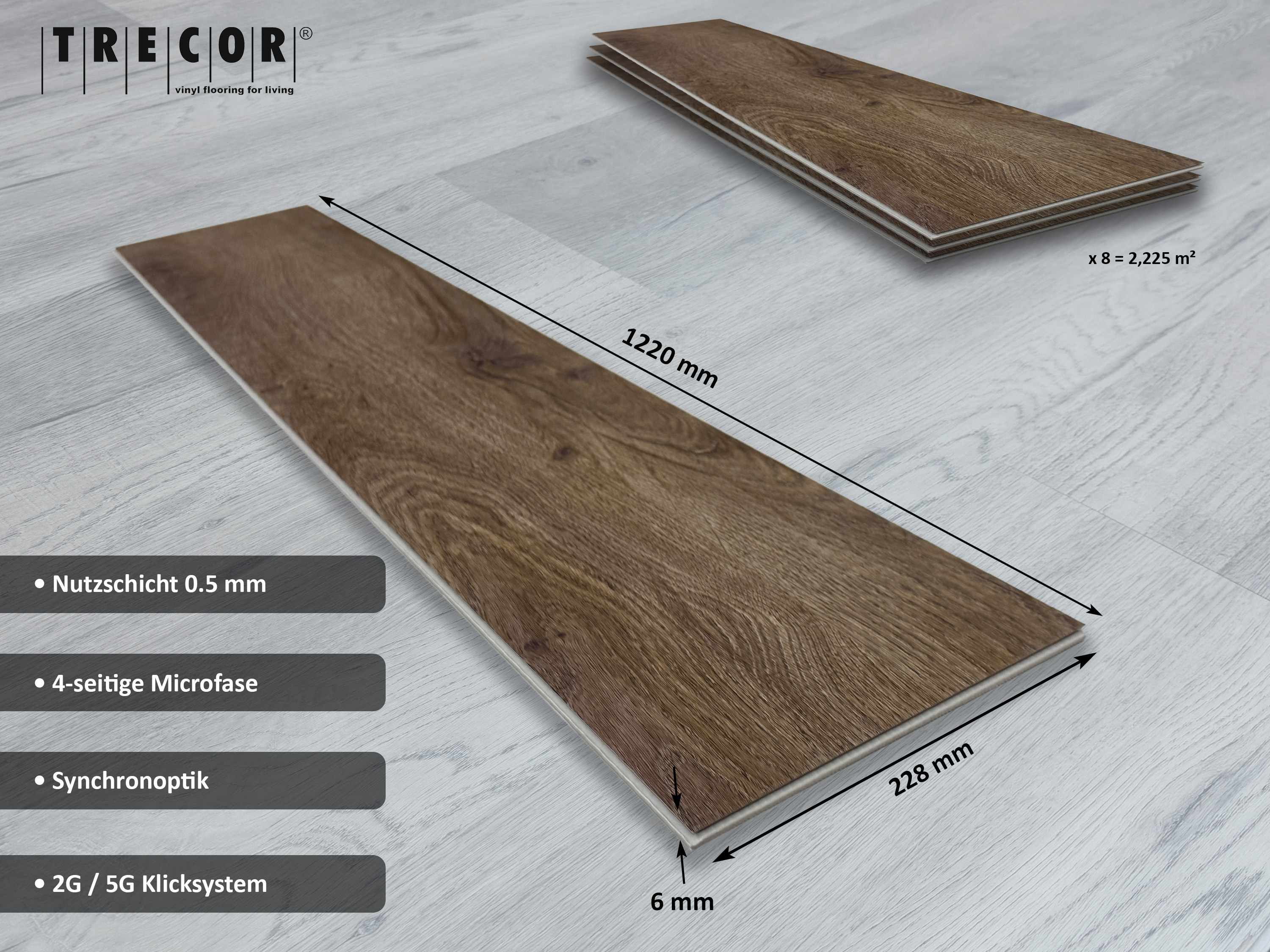 TRECOR® SPC / RIGID Klick Vinylboden Prestige Eiche Dunkel Landhausdiele - 5 mm - mit Synchronoberfläche TRECOR® SPC / RIGID Klick Vinylboden Prestige Eiche Dunkel Landhausdiele - 5 mm - mit Synchronoberfläche