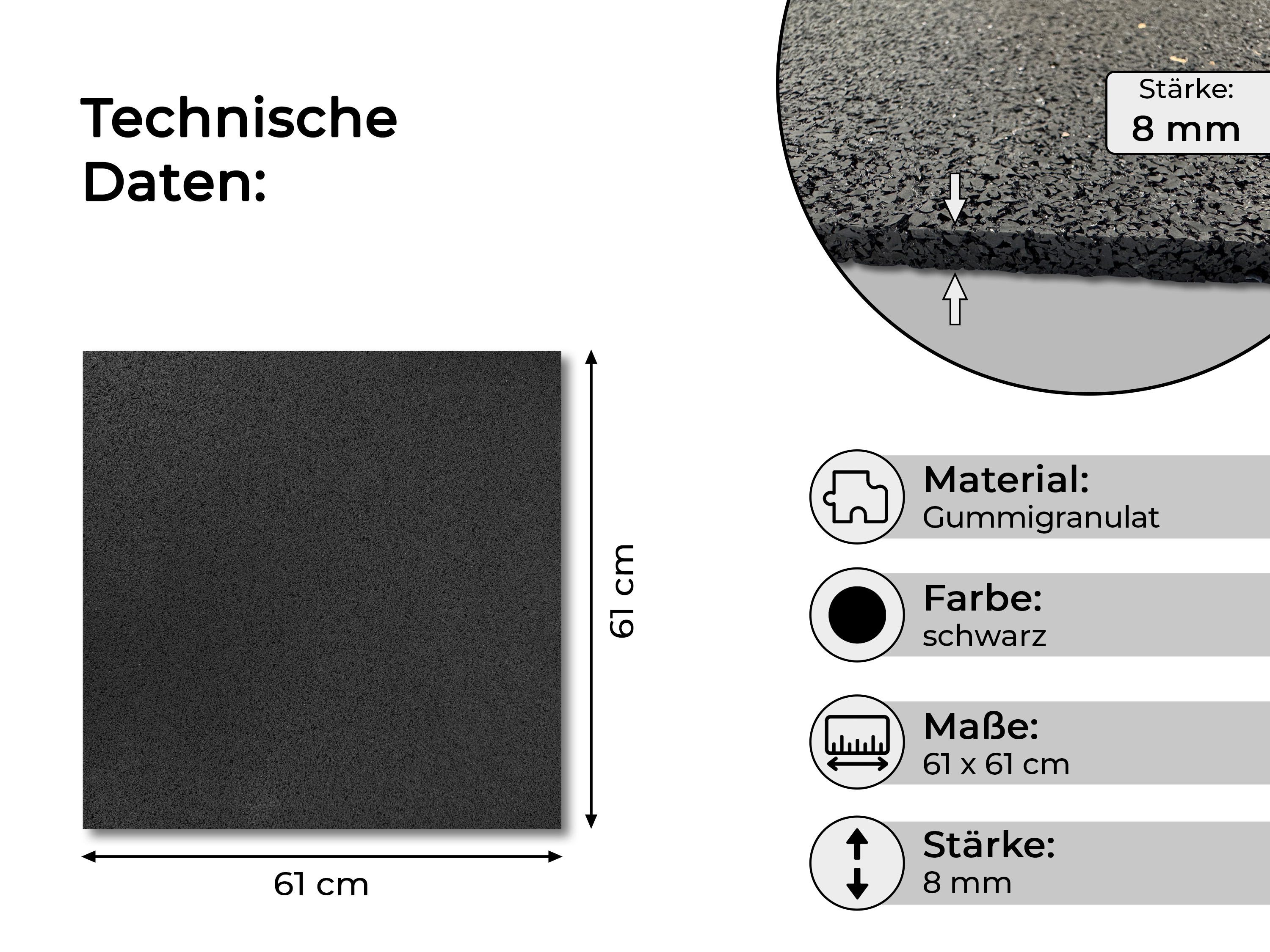 Bautenschutzmatte - Vibrationsschutzmatte -  Schallschutzmatte 61 cm x 61 cm - 8 mm stark