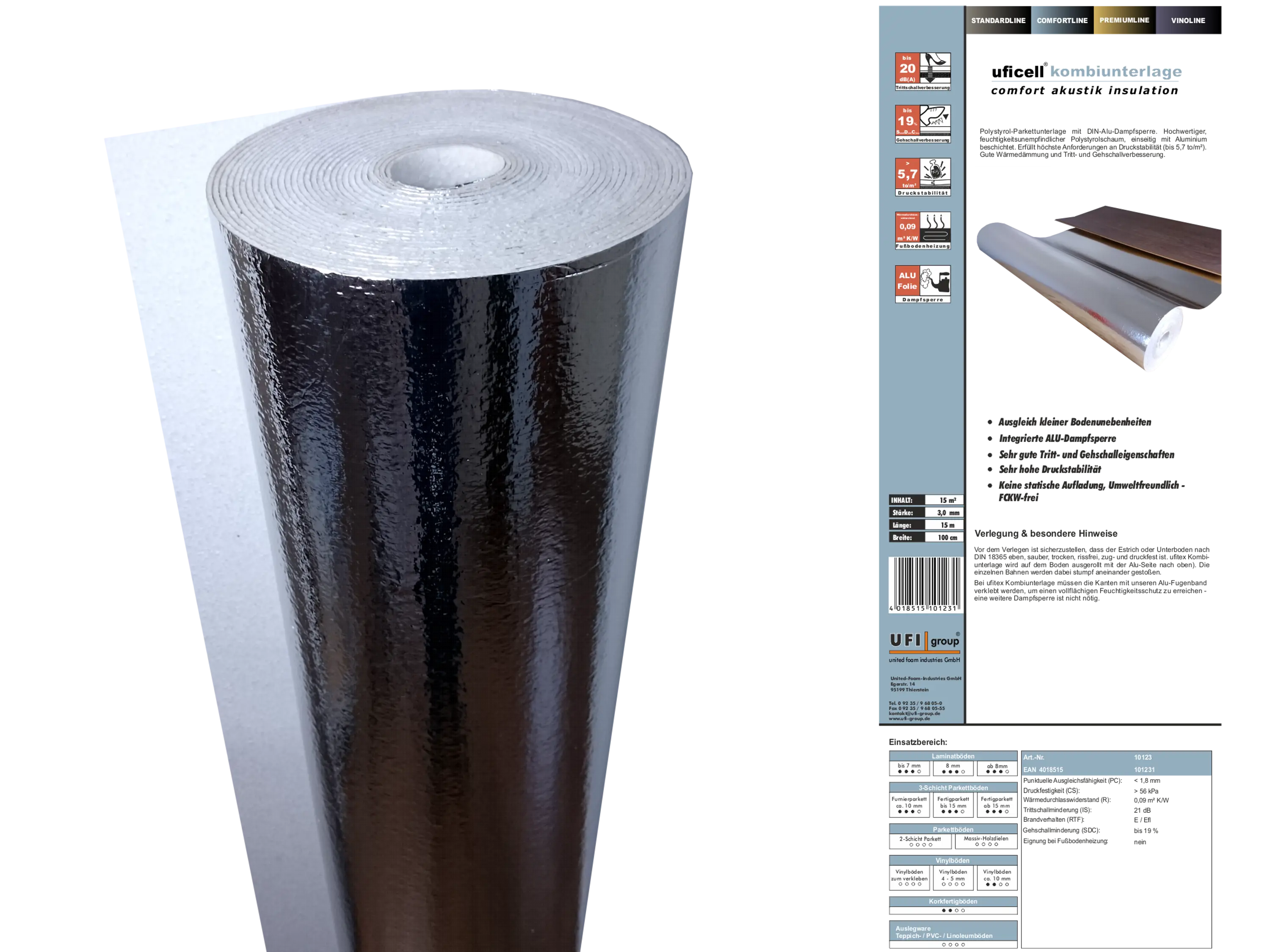 uficell® EPS-KOMBI Polystyrol Parkettunterlage mit DIN-Alu-Dampfbremse Stärke: 3 mm uficell® EPS-KOMBI Polystyrol Parkettunterlage mit DIN-Alu-Dampfbremse Stärke: 3 mm