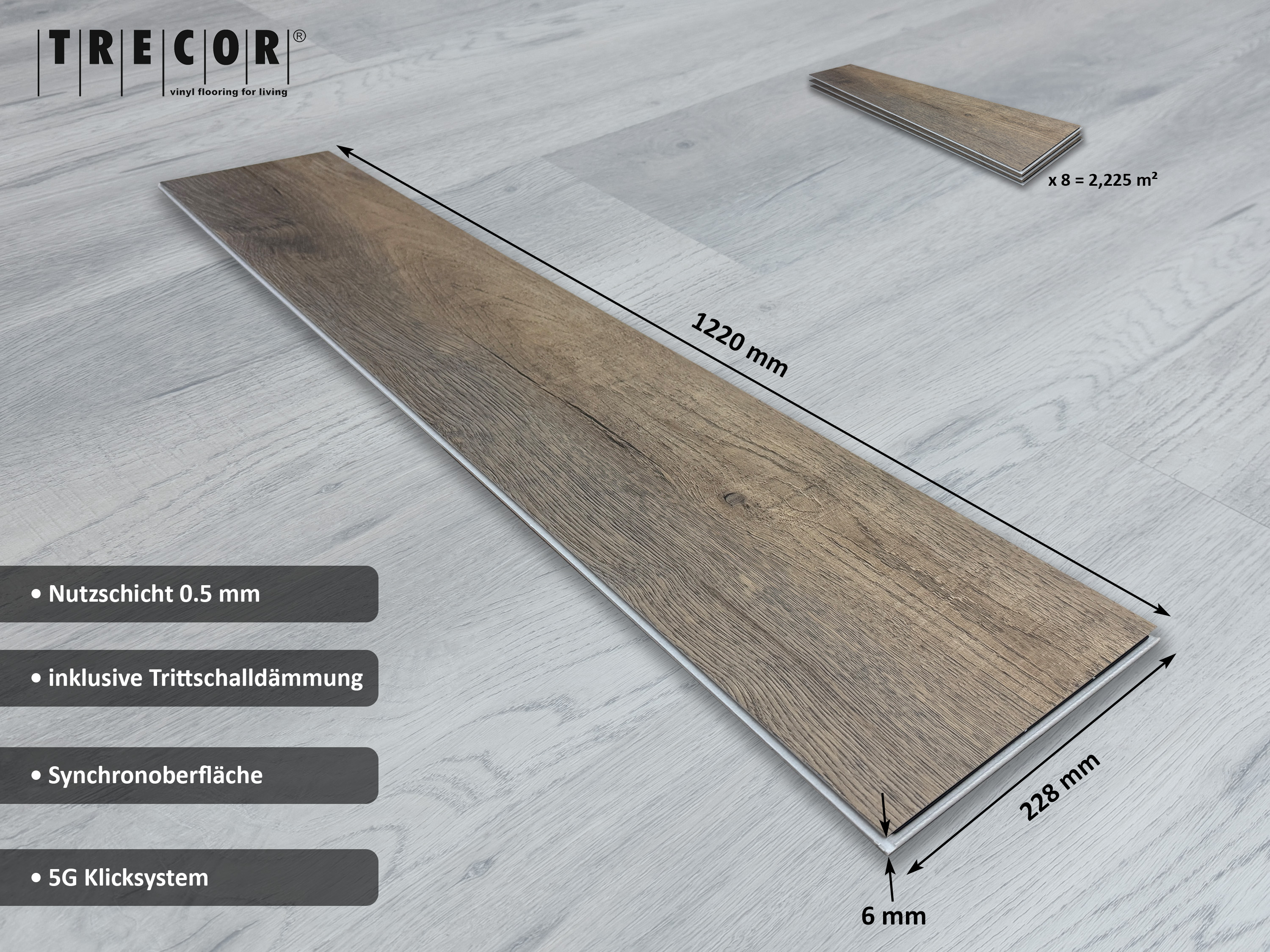 TRECOR® Klick Vinylboden Cottage Eiche Natur Landhausdiele 6,0 mm Stark mit integrierter Trittschallunterlage