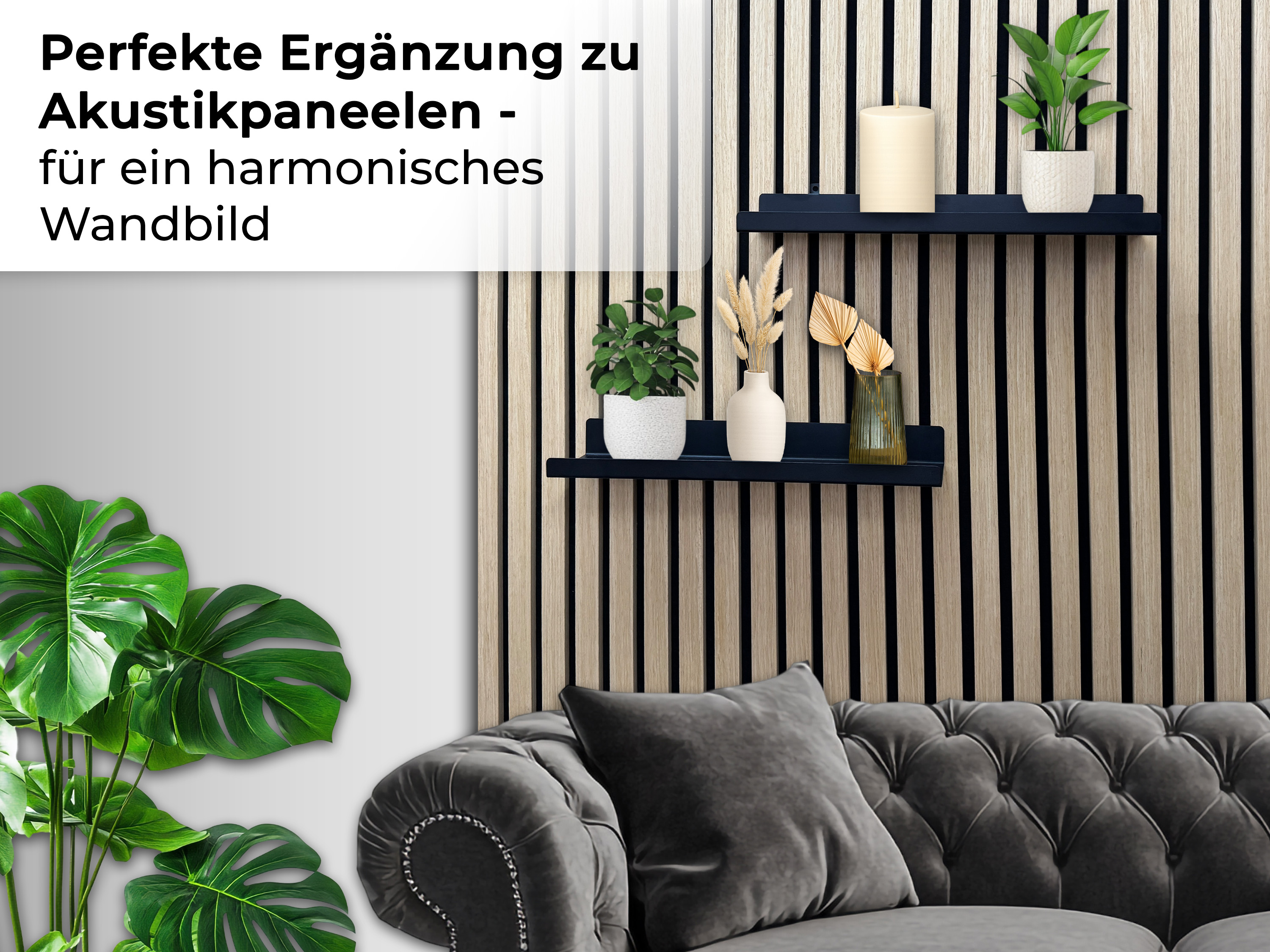 Wandregal Einhängeregal für Akustikpaneele 20 / 40 cm – schwarzes Metallregal für Lamellenwände, modernes Deko- & Ablageregal