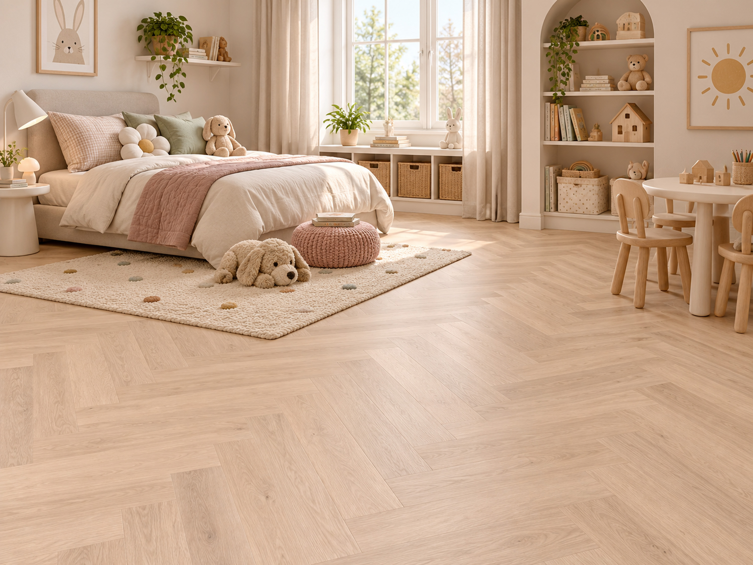 TRECOR® SPC Rigid Fischgrät-Vinylboden Eiche Sand – wasserfest, 6,5 mm stark, 0,5 mm Nutzschicht inkl. Trittschalldämmung