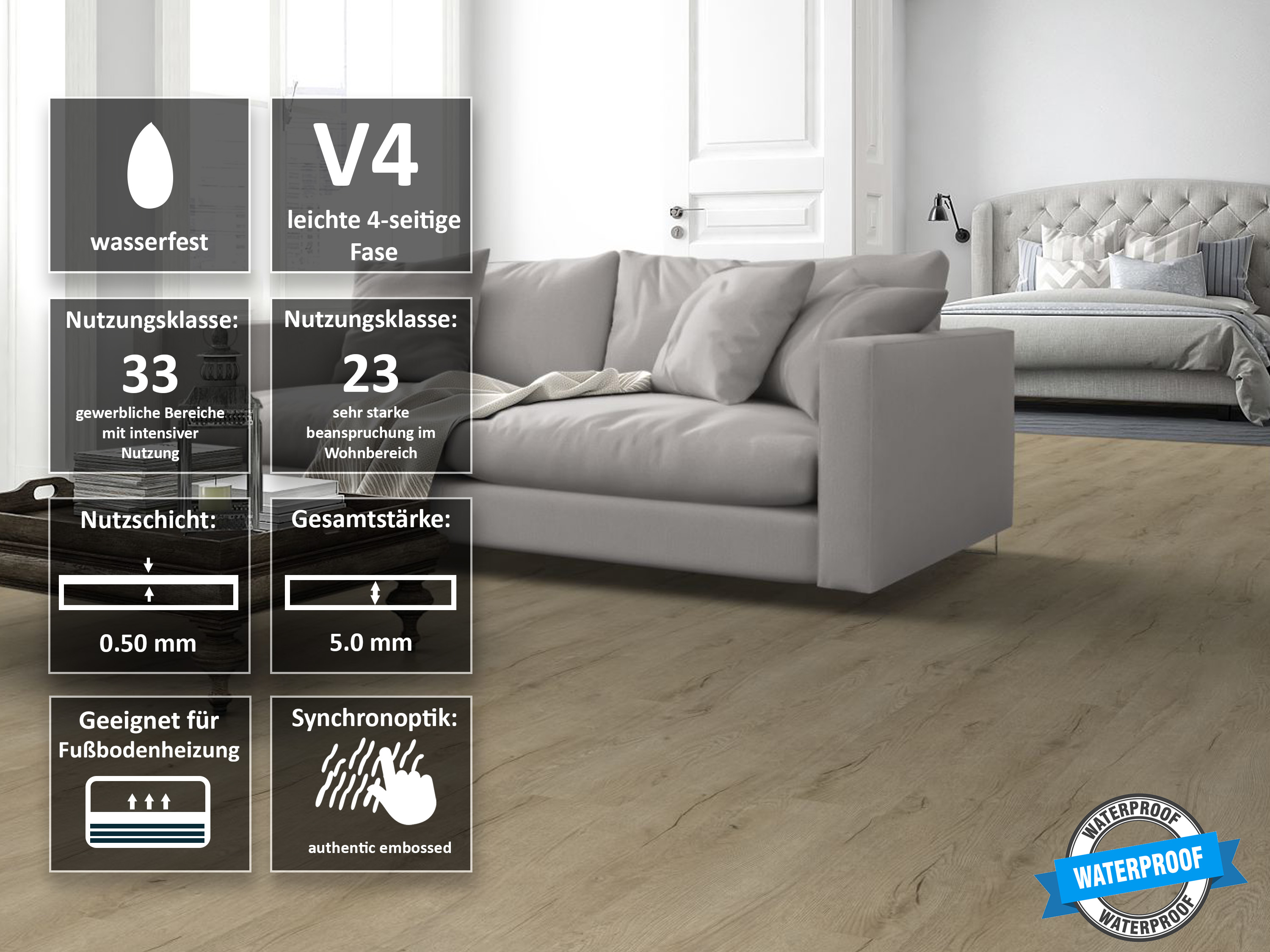 TRECOR® SPC / RIGID Klick Vinylboden Prestige Eiche Beige Landhausdiele - 5 mm - mit Synchronoberfläche TRECOR® SPC / RIGID Klick Vinylboden Prestige Eiche Beige Landhausdiele - 5 mm - mit Synchronoberfläche