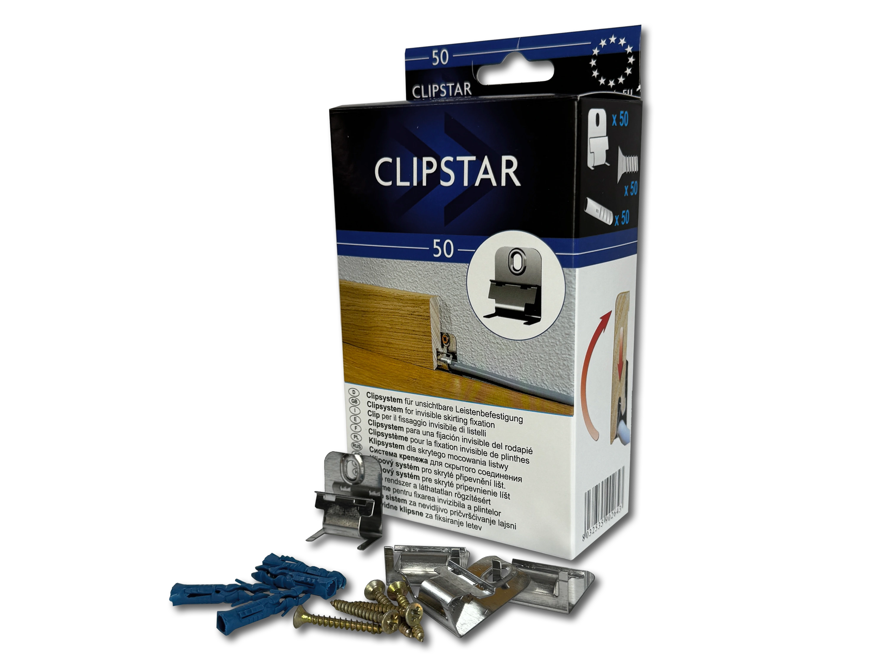 CLIPSTAR® Montageclip / Befestigungsclip für TRECOR® Sockelleisten mit Clipstar Fräsung, 50 er Pack