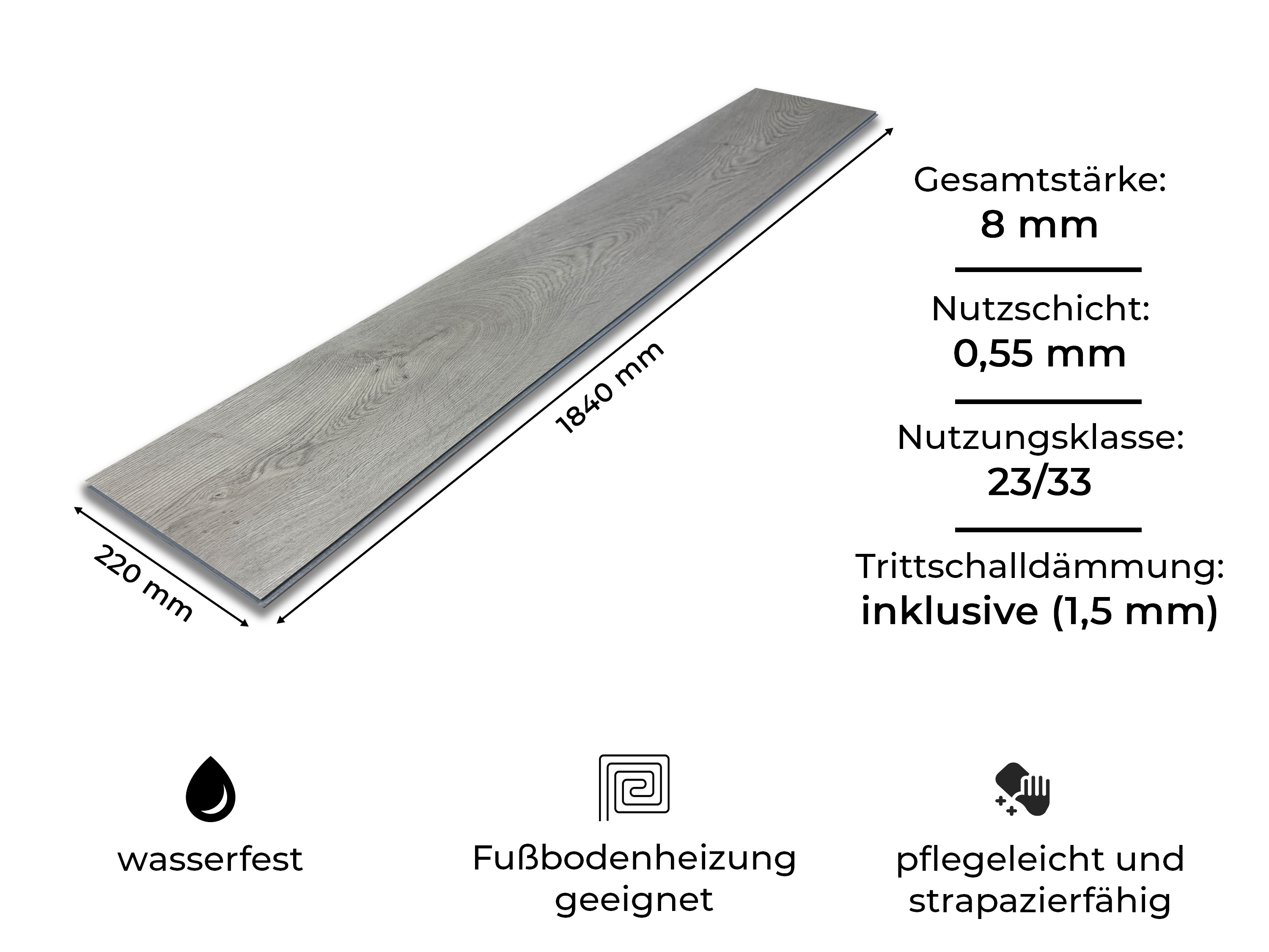 Klick Vinylboden Silent SPC Grey Majestetic Oak inkl. Kork Trittschalldämmung und Synchronoberfläche 8 mm
