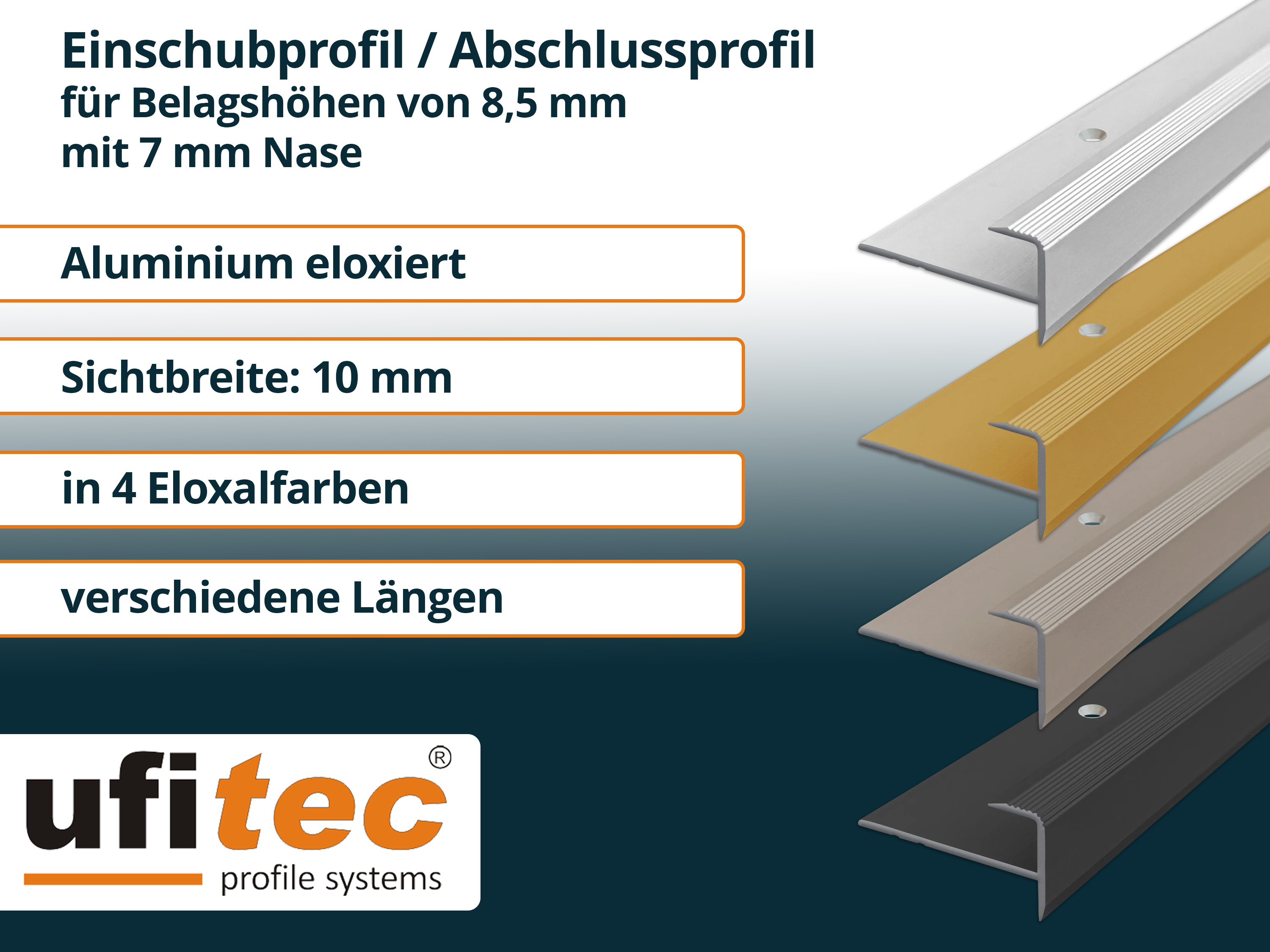 ufitec® Einschubprofil für Belagshöhen bis 8,5 mm | 7 mm Nase Treppen-/Stufen Abschlussprofil ufitec® Einschubprofil für Belagshöhen bis 8,5 mm | 7 mm Nase Treppen-/Stufen Abschlussprofil