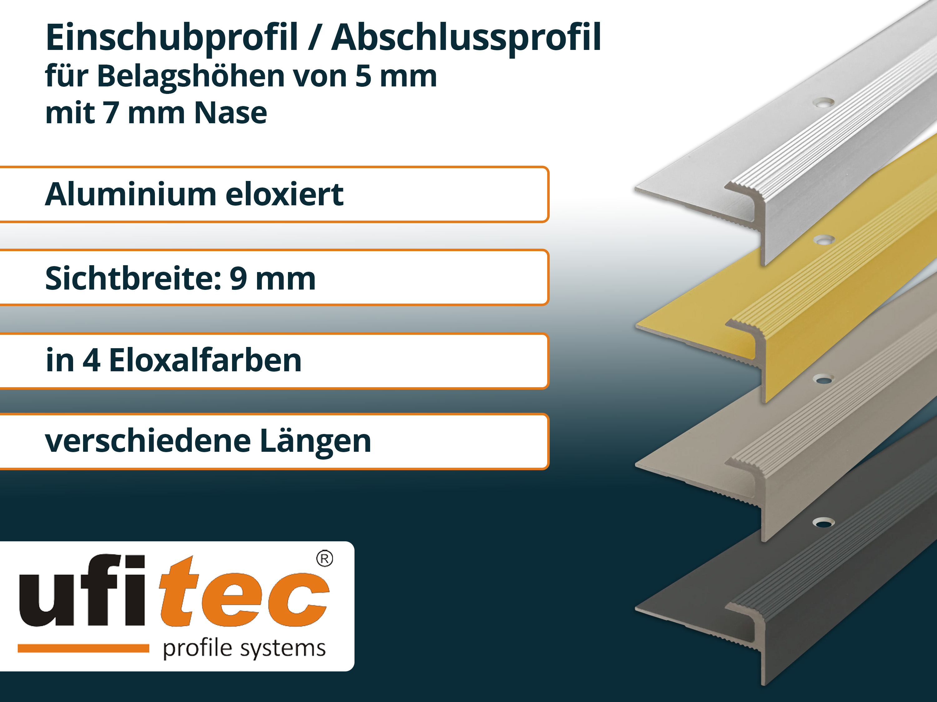 ufitec® Einschubprofil für Belagshöhen bis 5 mm | 7 mm Nase Treppen-/Stufen Abschlussprofil ufitec® Einschubprofil für Belagshöhen bis 5 mm | 7 mm Nase Treppen-/Stufen Abschlussprofil