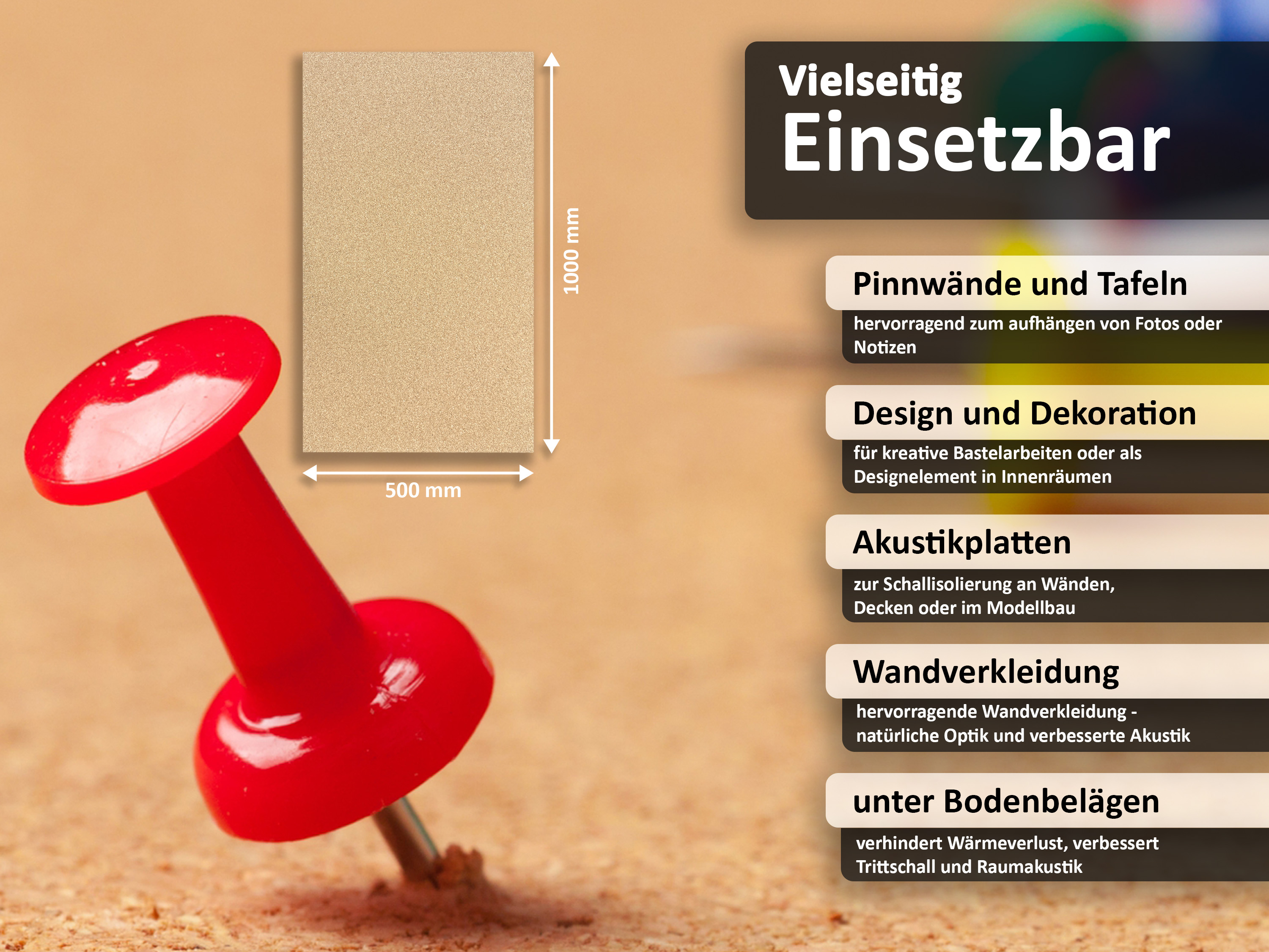 TRECOR® Pinnwand Korkplatten (einseitig geschliffen) im XXL Format 1000 x 500 mm TRECOR® Pinnwand Korkplatten (einseitig geschliffen) im XXL Format 1000 x 500 mm