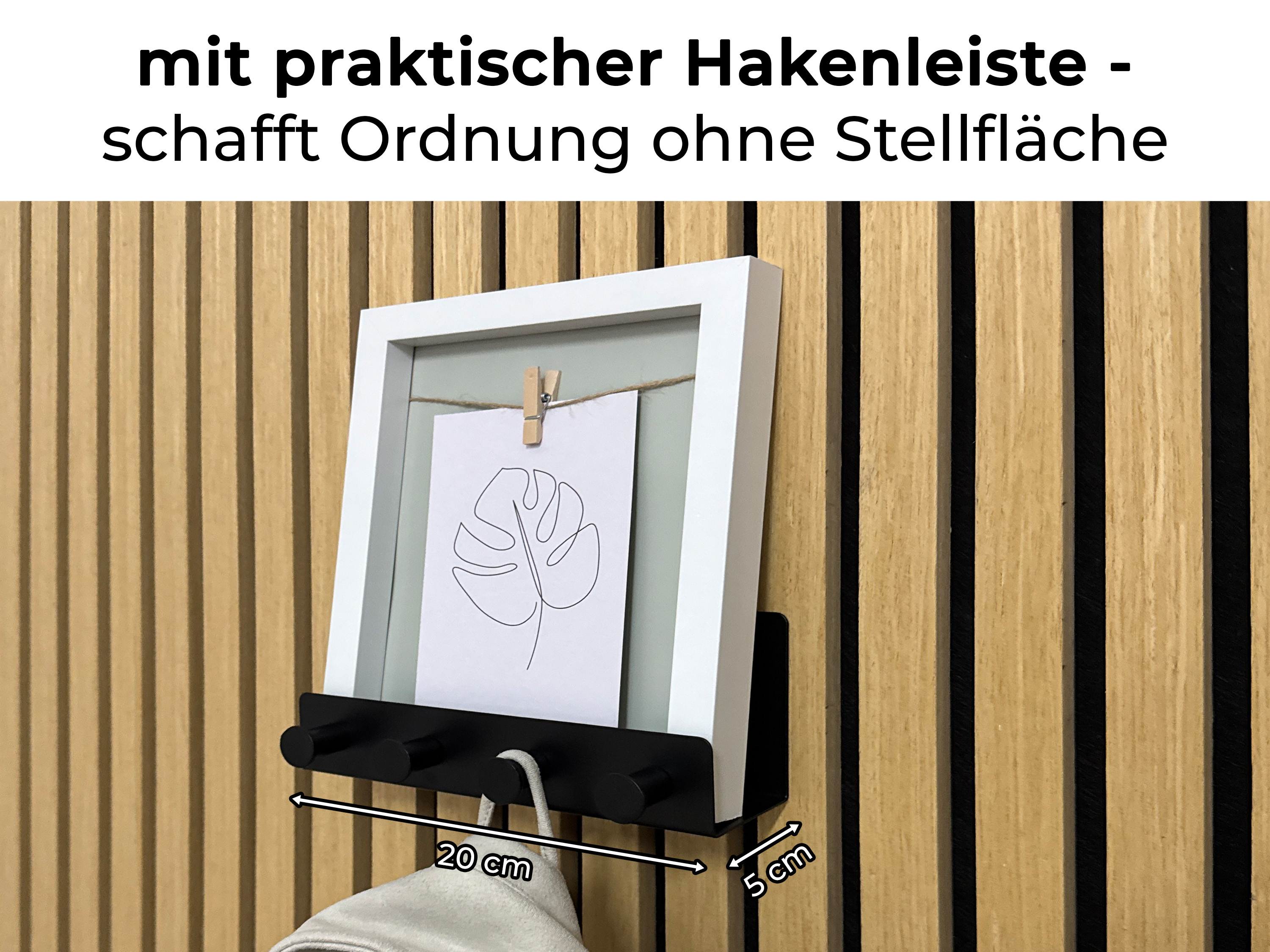 Wandregal mit Hakenleiste Einhängeregal für Akustikpaneele 20 cm – schwarzes Metallregal mit integrierten Haken