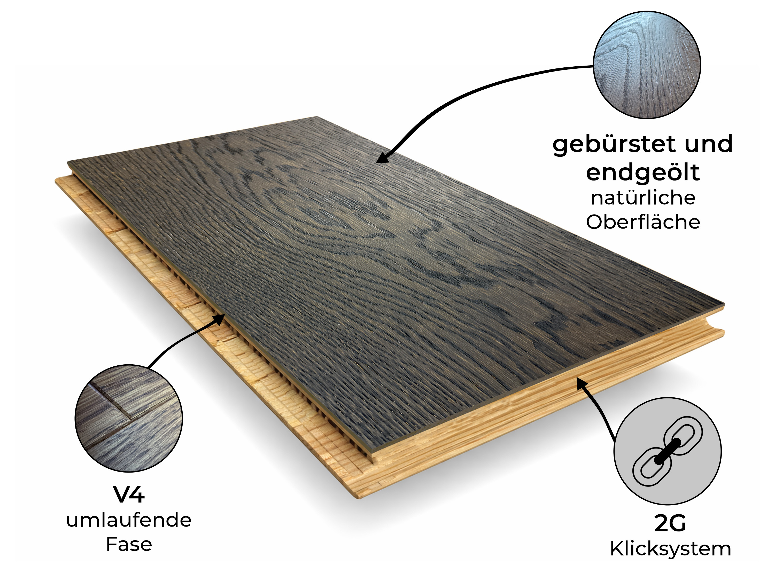 Parkettboden 3-Schicht Landhausdiele Eiche Rustikal Parkett gebürstet RUBIO R305a charcoal endgeölt