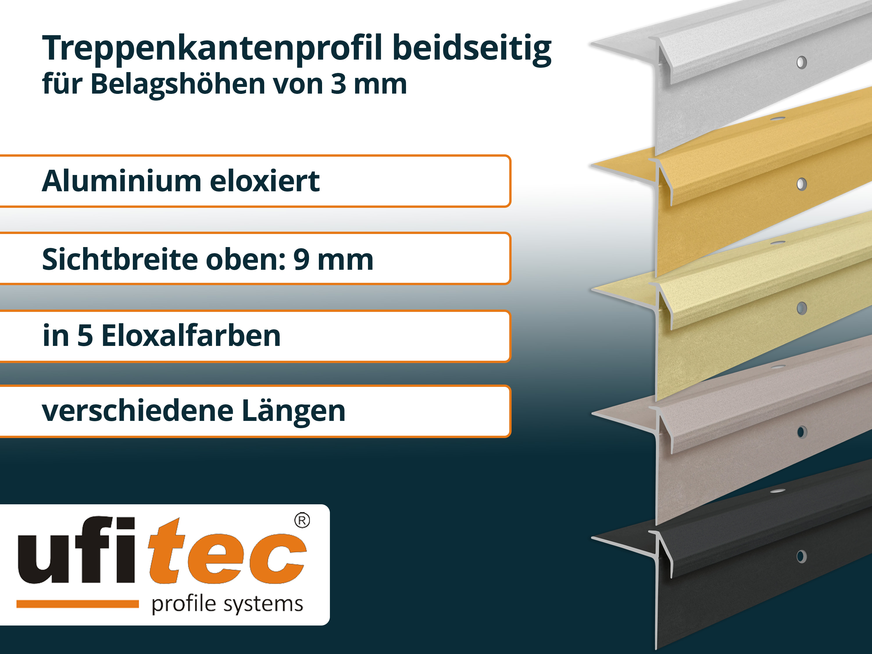 ufitec® Treppenkantenprofil beidseitig für Vinylböden für Belagshöhen von 3 mm - Alu eloxiert ufitec® Treppenkantenprofil beidseitig für Vinylböden für Belagshöhen von 3 mm - Alu eloxiert