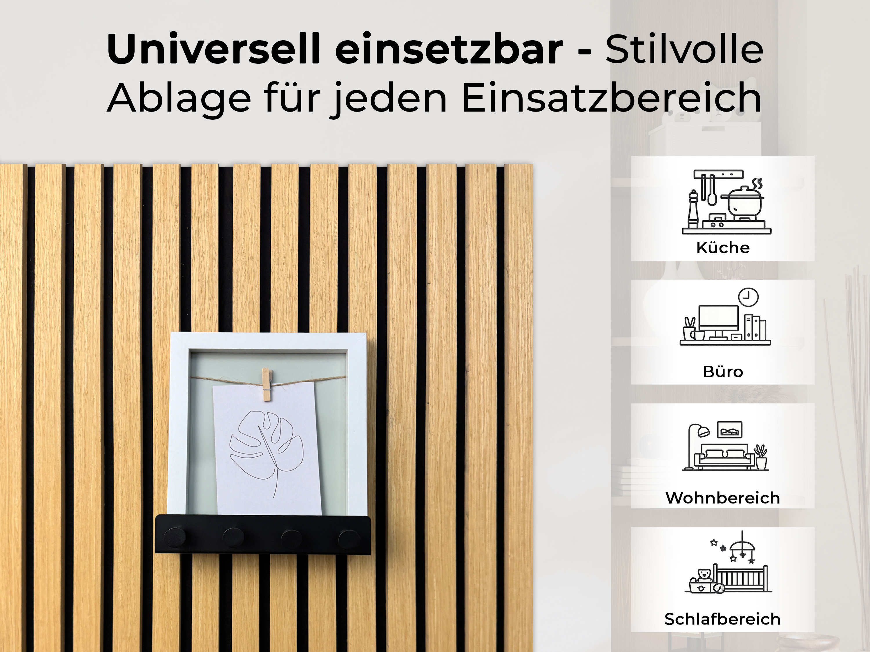 Wandregal mit Hakenleiste Einhängeregal für Akustikpaneele 20 cm – schwarzes Metallregal mit integrierten Haken