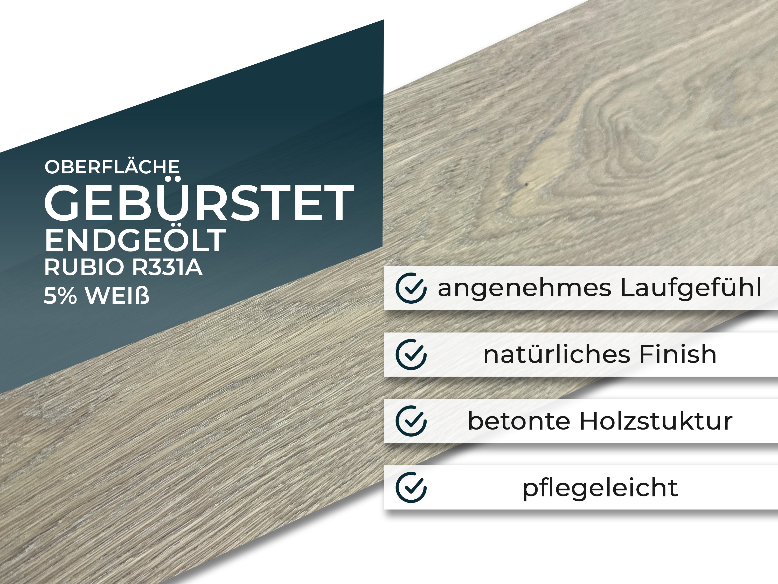 Parkettboden 3-Schicht Landhausdiele Eiche Rustikal Parkett gebürstet RUBIO R331a 5% weiß endgeölt