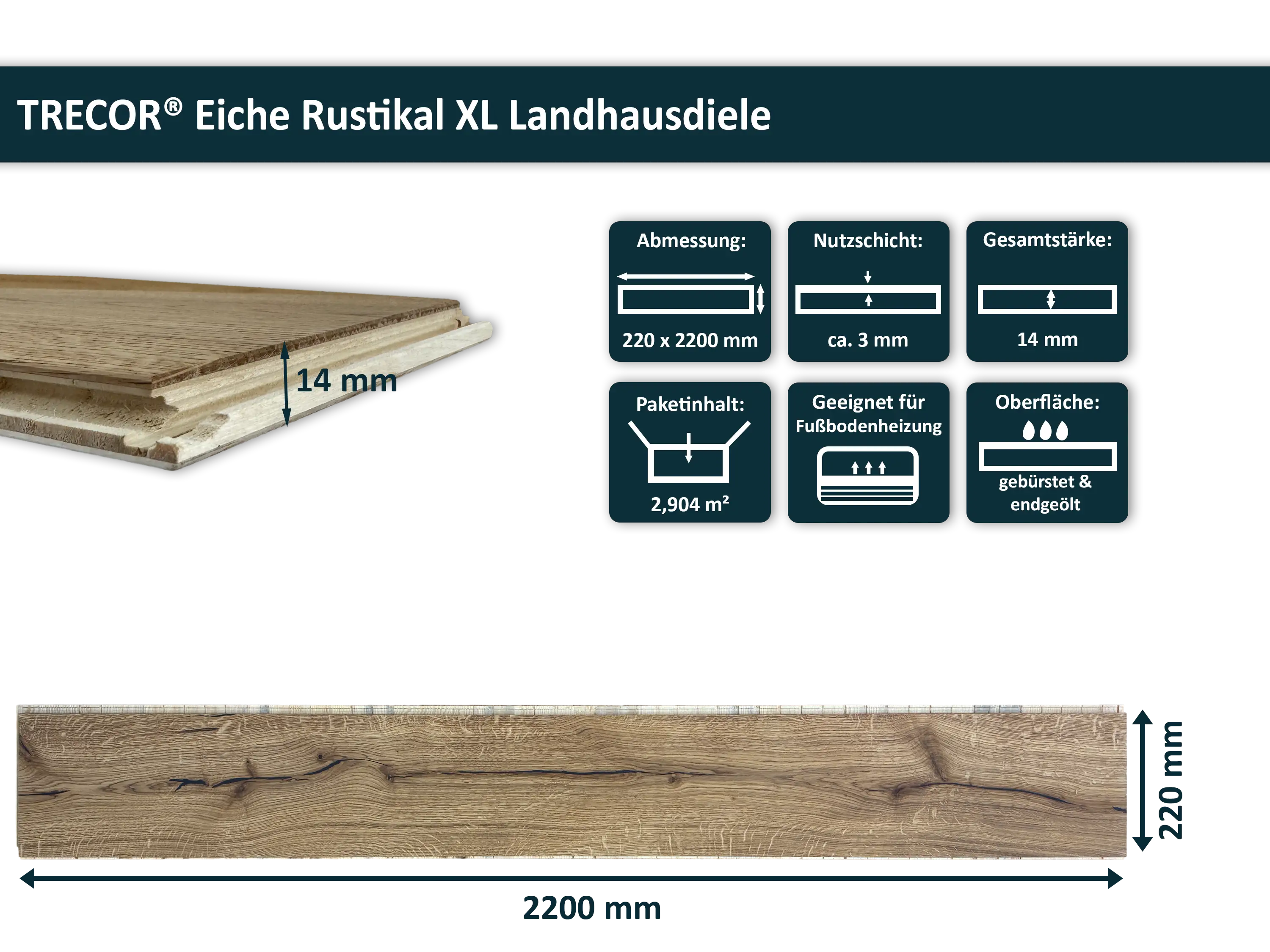 Parkettboden Eiche Rustikal XL Landhausdiele 3 Schicht 220 mm Breit gebürstet & endgeölt, 2G Klicksystem Parkettboden Eiche Rustikal XL Landhausdiele 3 Schicht 220 mm Breit gebürstet & endgeölt, 2G Klicksystem