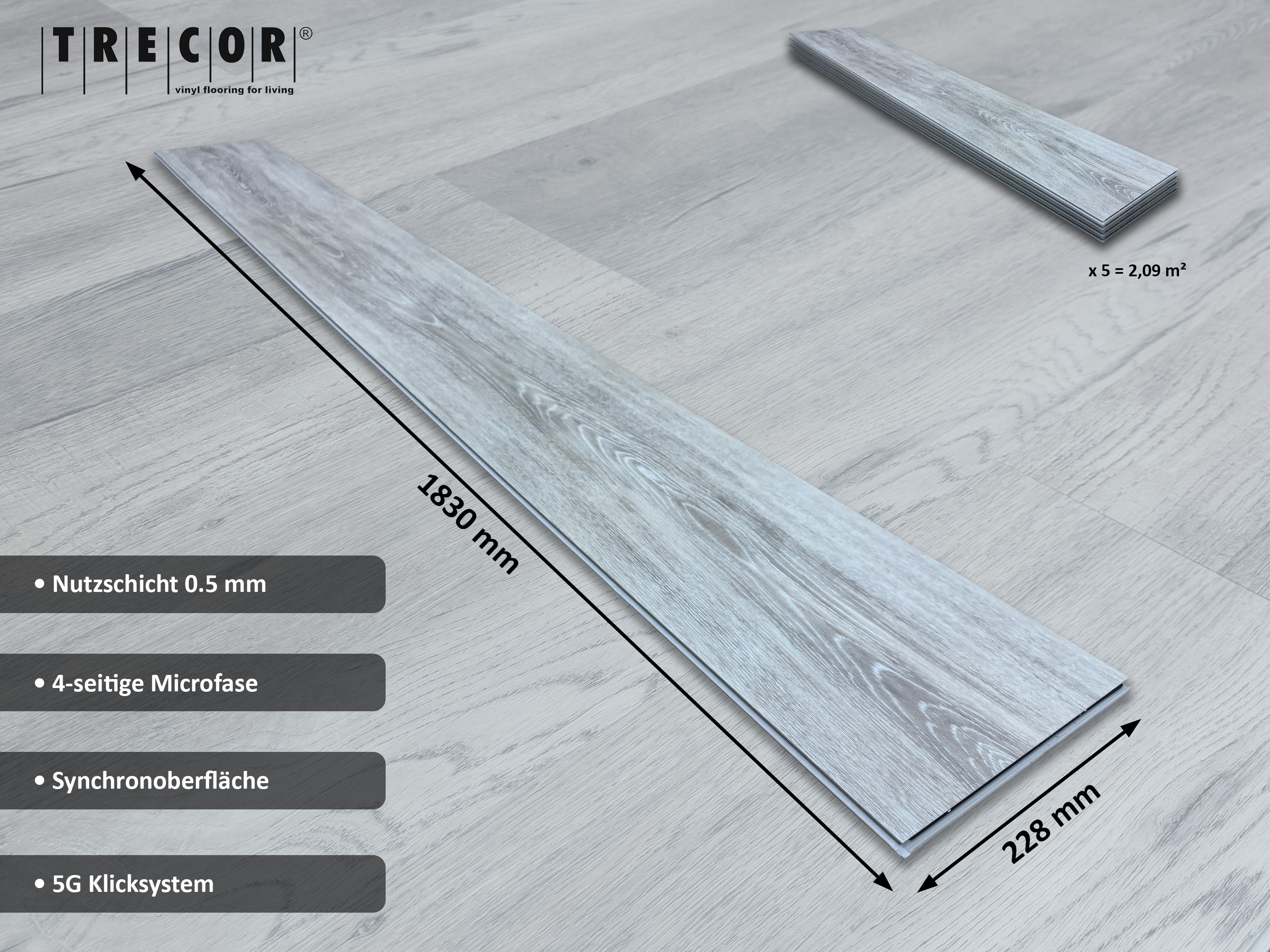 Vinylboden Eiche Premium Silber Rigid Klickvinyl 6,5 mm Stark, V4 Fuge, inkl. 1 mm Trittschalldämmung