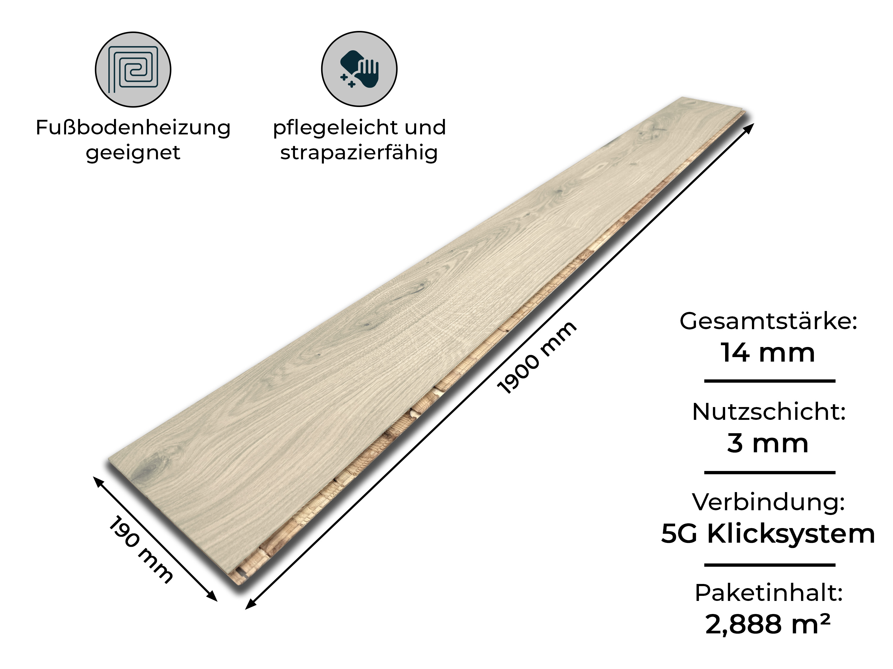 Eiche Rustikal (DE) Parkett Landhausdiele 3 Schicht gebürstet Weiss endgeölt - 5G Klicksystem