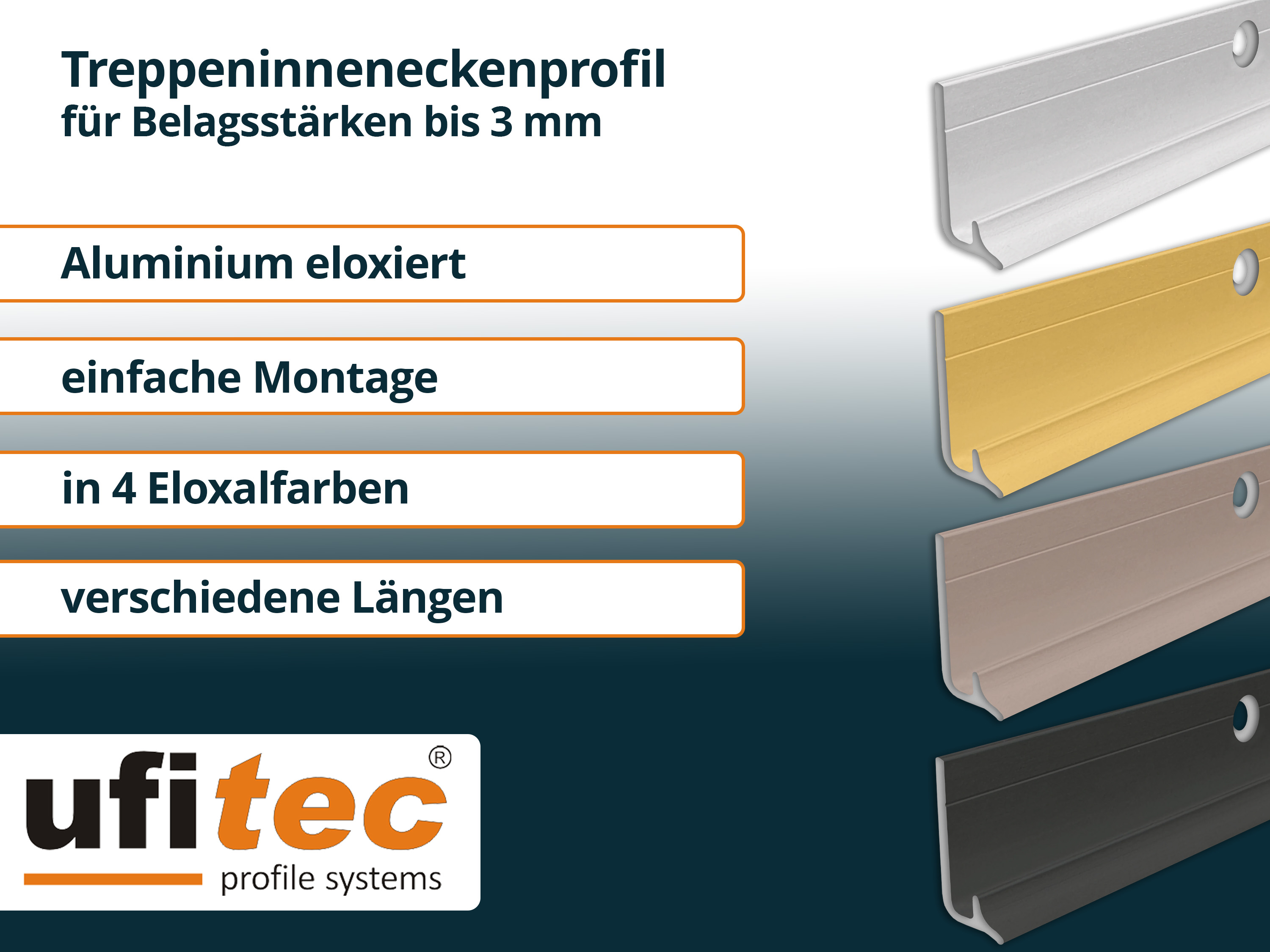 ufitec® Treppeninneneckenprofil für Vinylböden für Belagshöhen von 3 mm - Alu eloxiert
