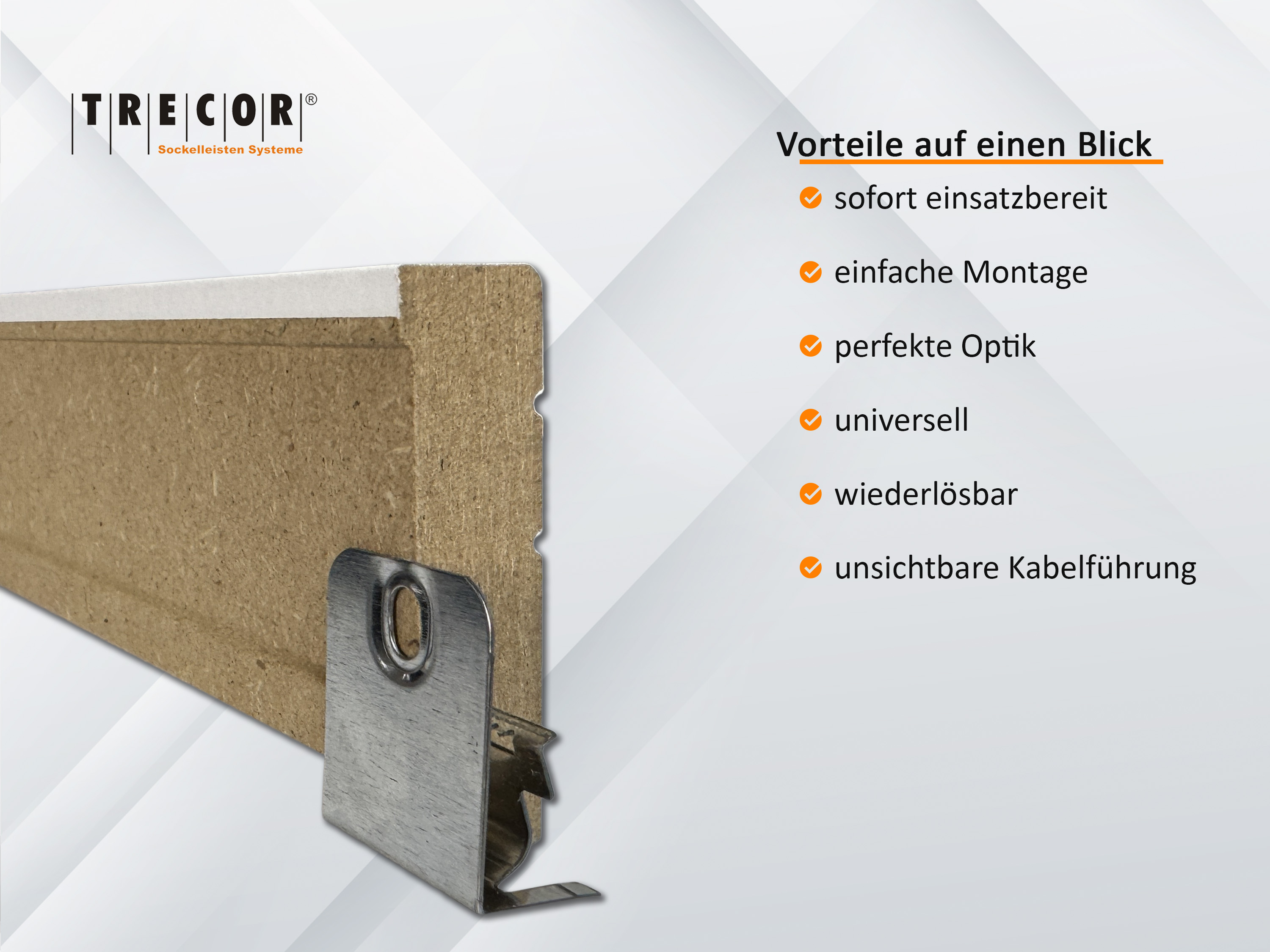 CLIPSTAR® Montageclip / Befestigungsclip für TRECOR® Sockelleisten mit Clipstar Fräsung, 50 er Pack CLIPSTAR® Montageclip / Befestigungsclip für TRECOR® Sockelleisten mit Clipstar Fräsung, 50 er Pack