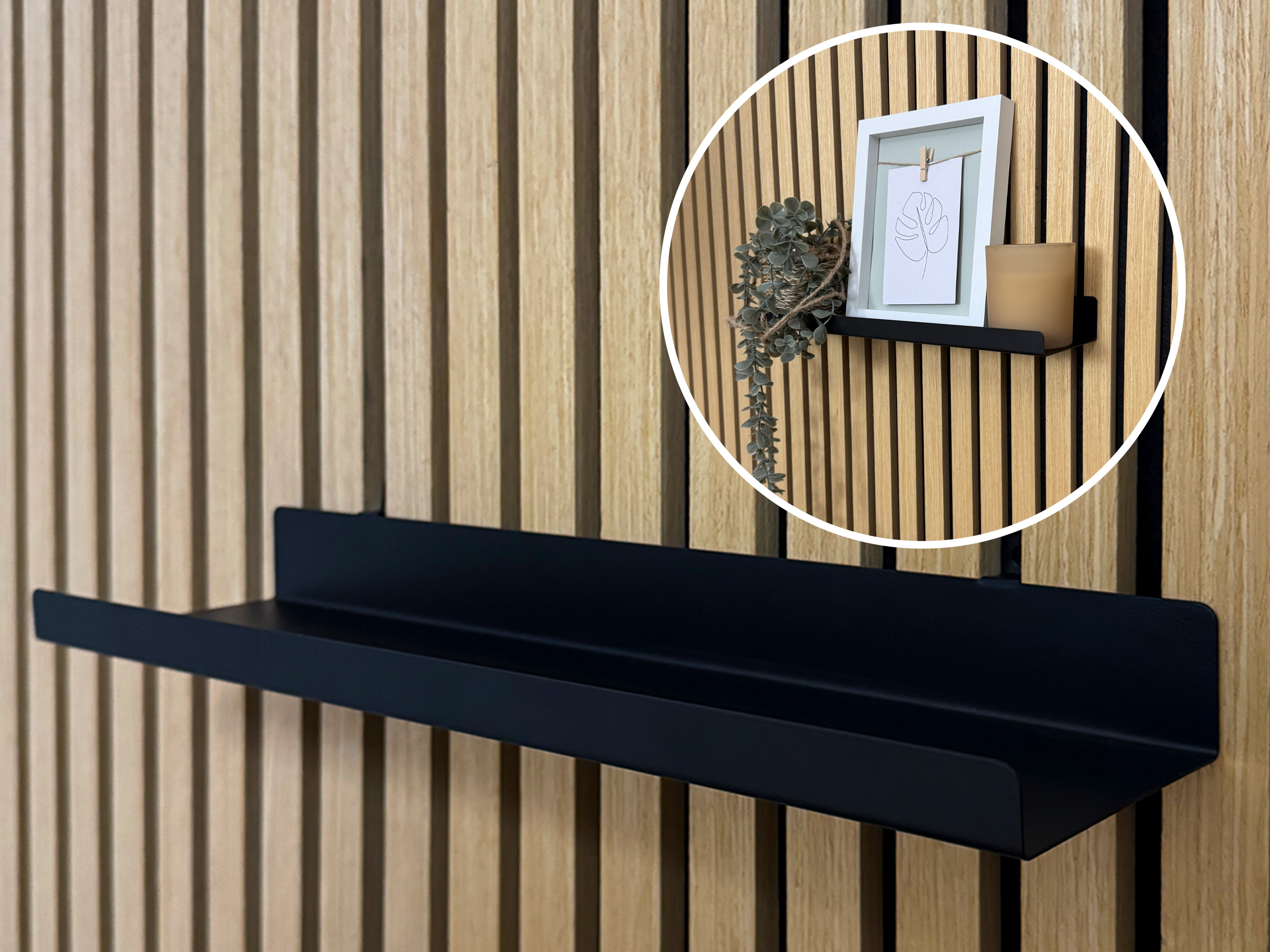 Wandregal Einhängeregal für Akustikpaneele 20 / 40 cm – schwarzes Metallregal für Lamellenwände, modernes Deko- & Ablageregal