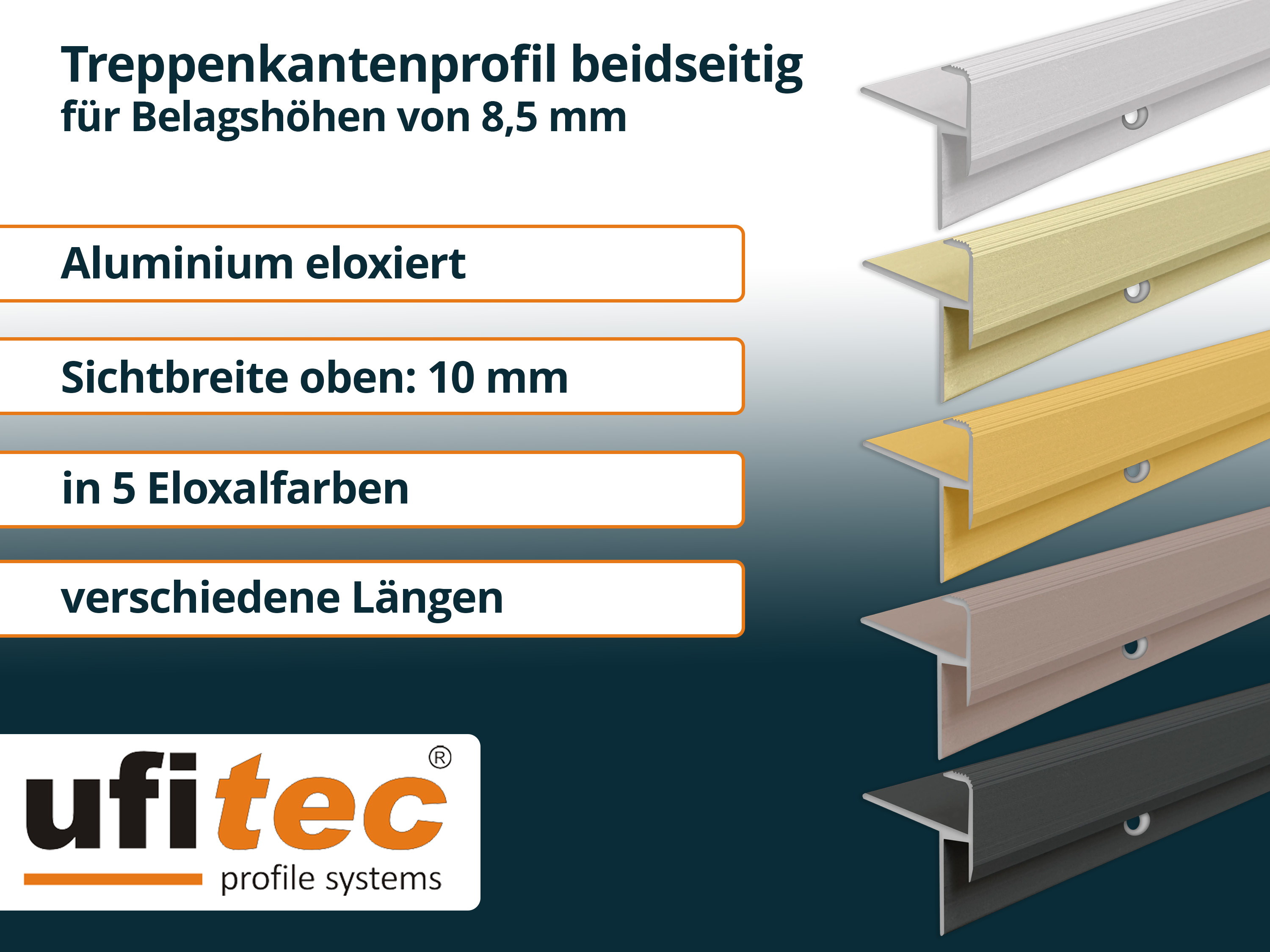 ufitec® Treppenkantenprofil beidseitig für Laminat u. Parkett - Belagshöhen von 8,5 mm Alu eloxiert