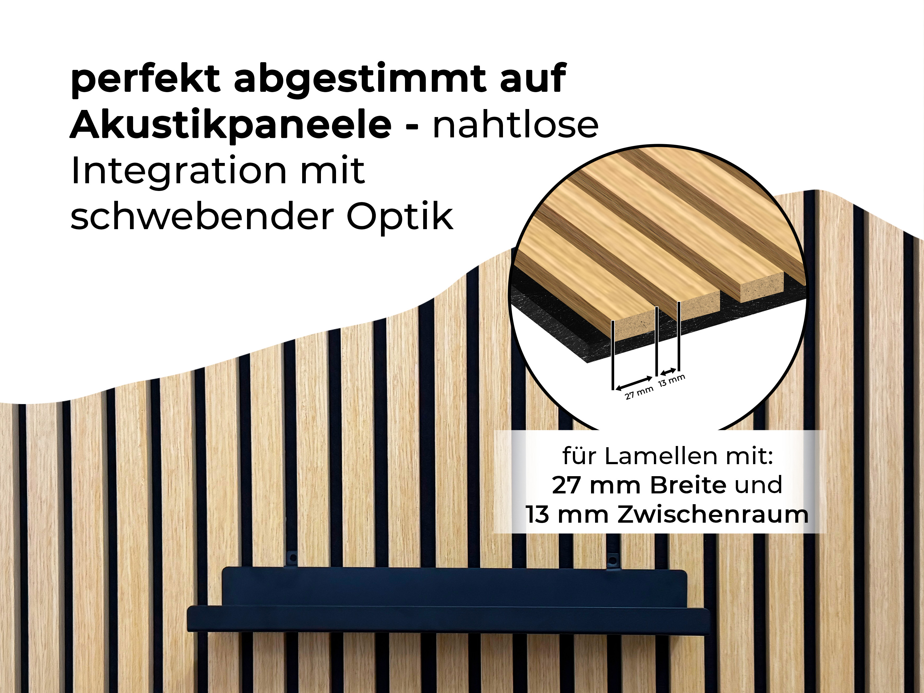 Wandregal Einhängeregal für Akustikpaneele 20 / 40 cm – schwarzes Metallregal für Lamellenwände, modernes Deko- & Ablageregal