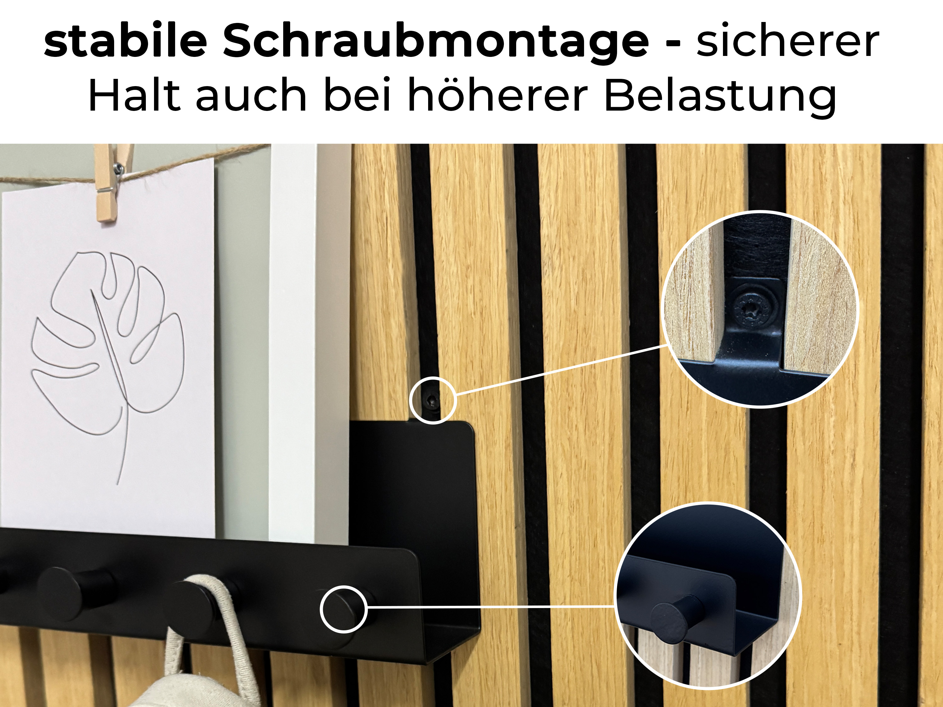 Wandregal mit Hakenleiste Einhängeregal für Akustikpaneele 20 cm – schwarzes Metallregal mit integrierten Haken