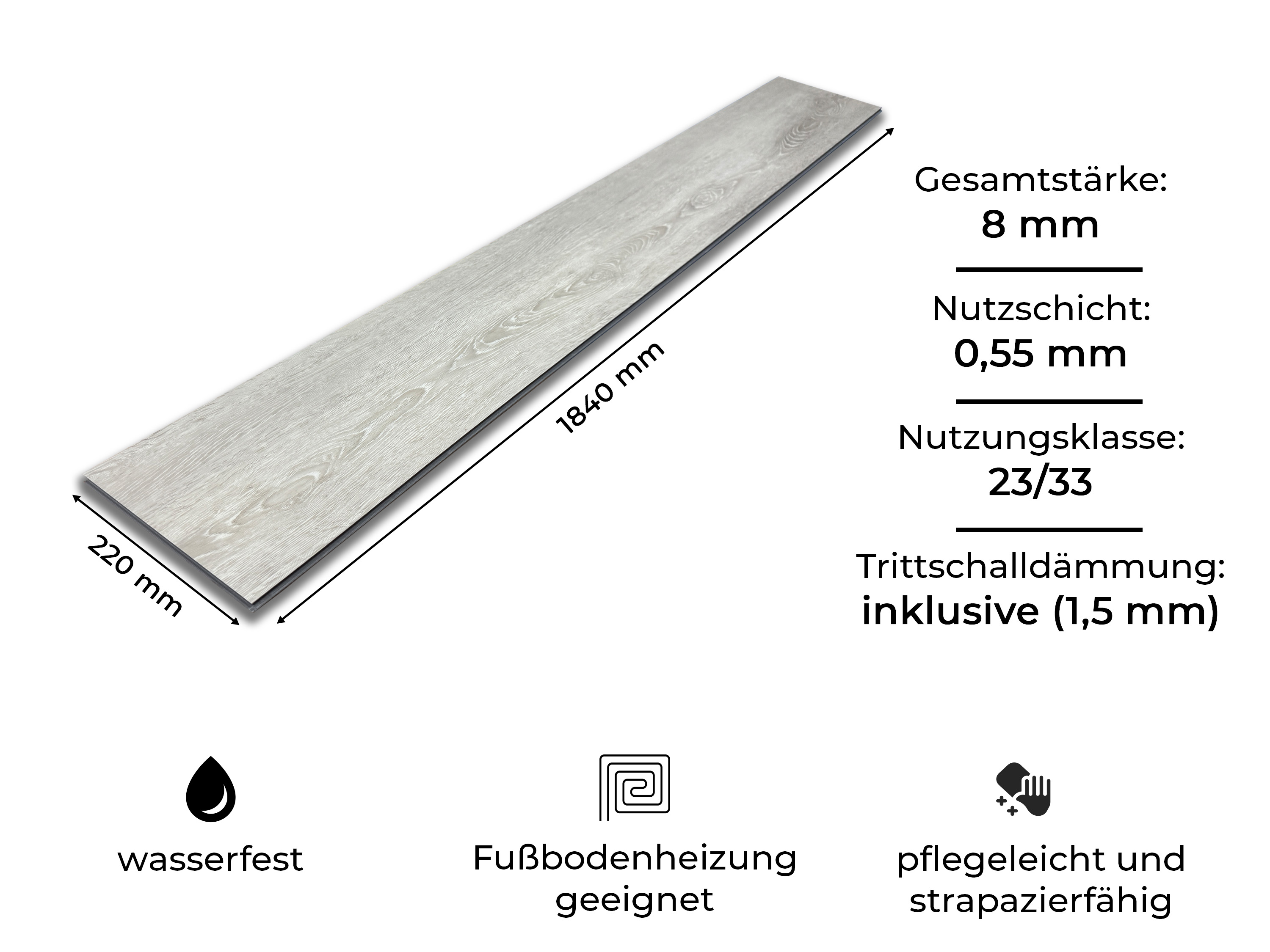 Klick Vinylboden Silent SPC Prodigy Bright Oak inkl. Kork Trittschalldämmung und Synchronoberfläche 8 mm