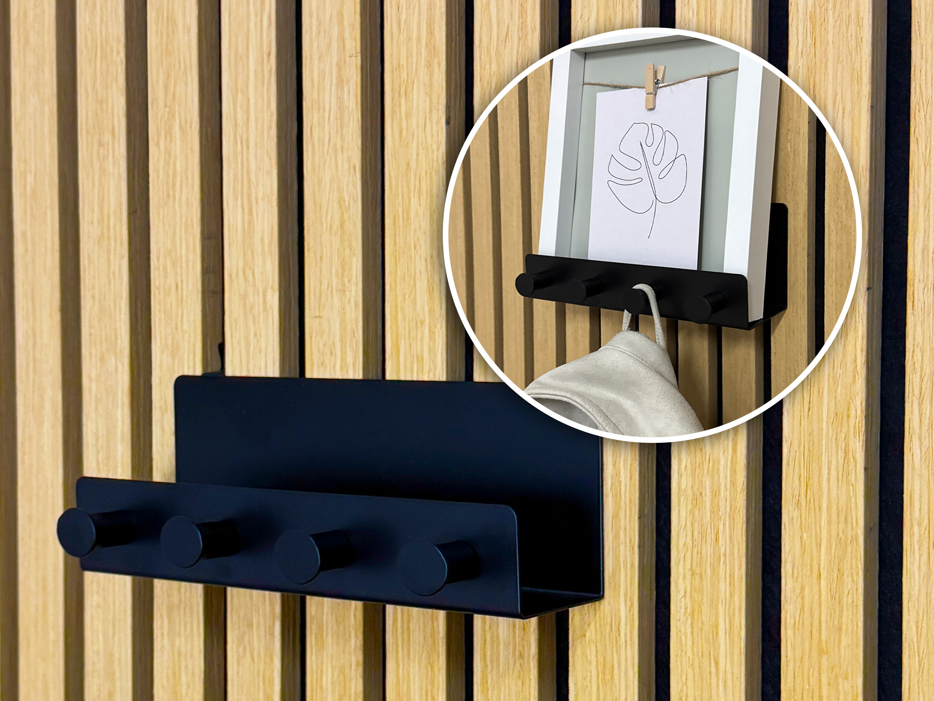 Wandregal mit Hakenleiste Einhängeregal für Akustikpaneele 20 cm – schwarzes Metallregal mit integrierten Haken