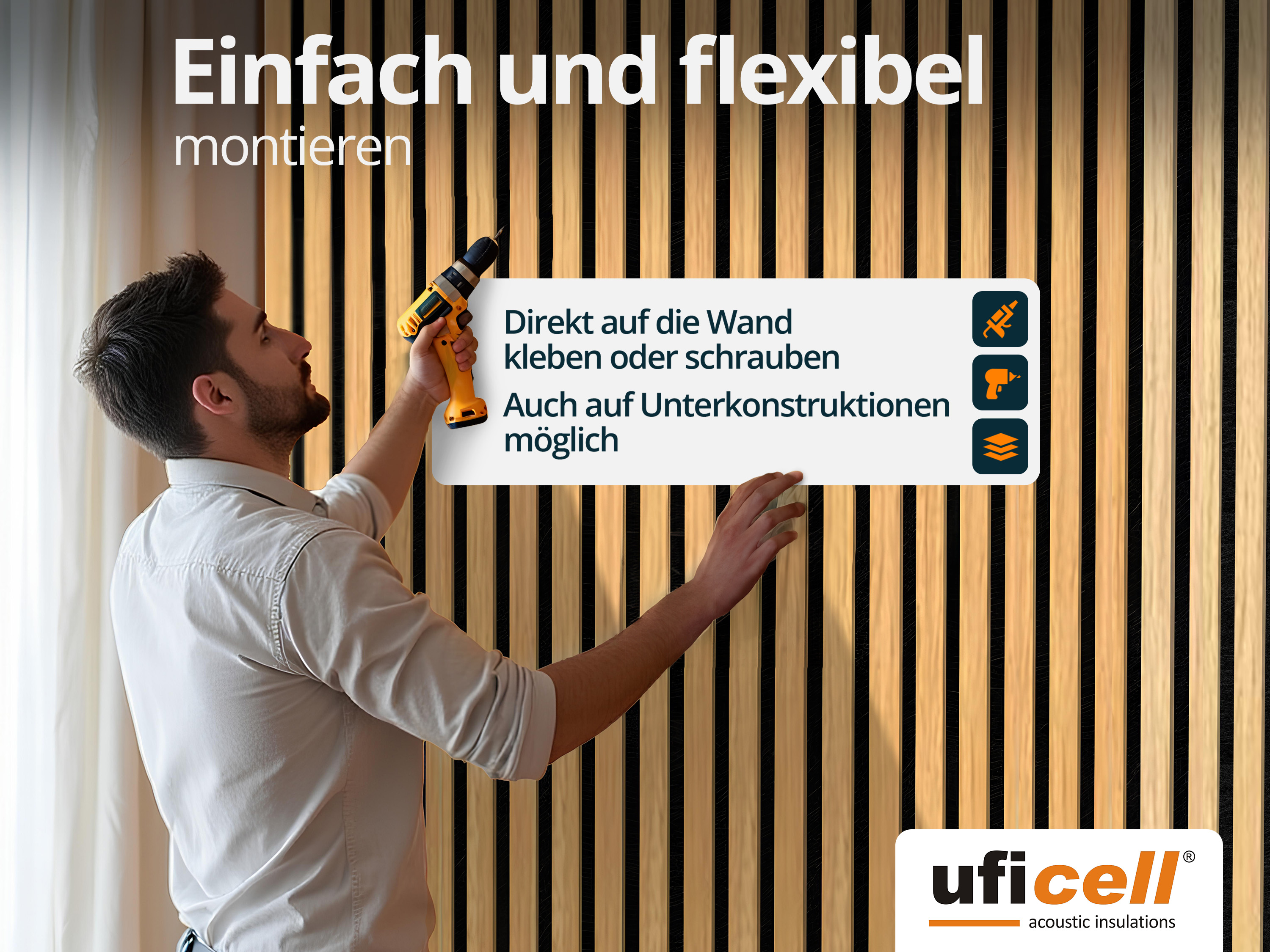 Akustikpaneele Wandpaneel Eiche Natur 27 mm Lamellen Filz Schwarz, Oberfläche: Echtholz mehrere Formate