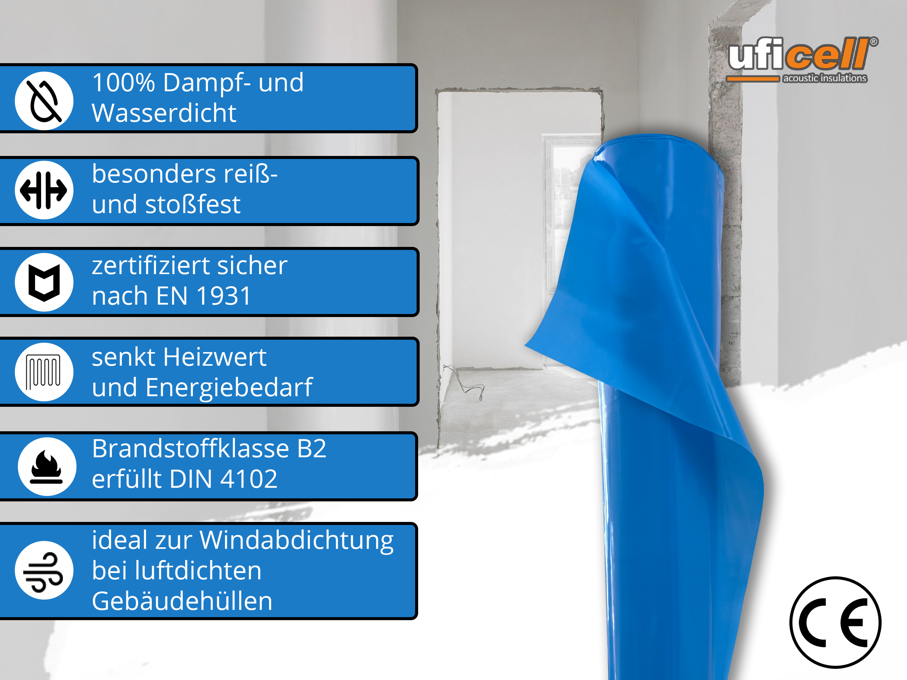 uficell® Dampfsperrfolie - Blau - Stärke: echte 130 my (0,13 mm) - nach DIN Vorgabe uficell® Dampfsperrfolie - Blau - Stärke: echte 130 my (0,13 mm) - nach DIN Vorgabe