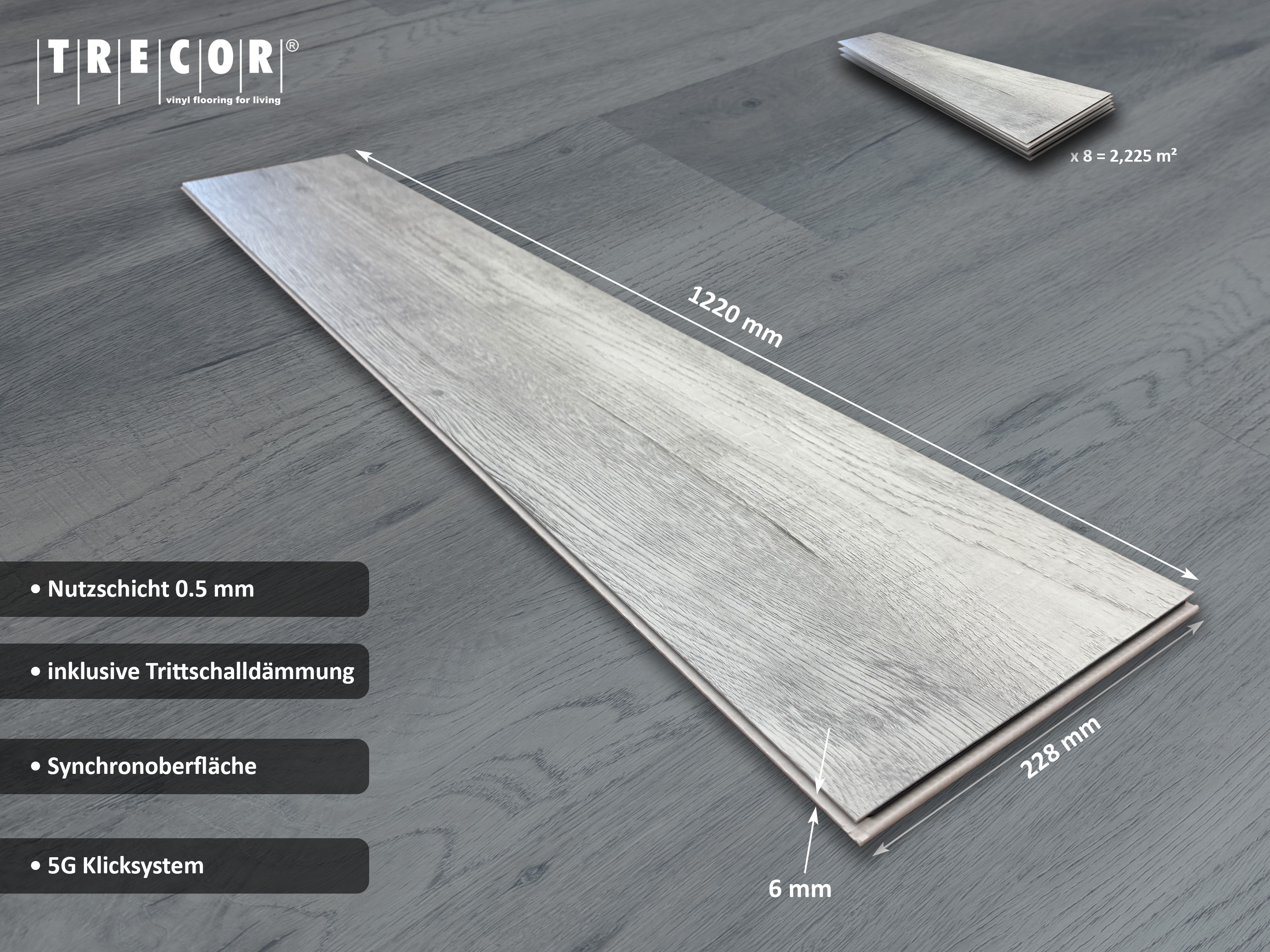 TRECOR® SPC / RIGID 5G Klick Vinylboden Cottage Eiche Grau - 6 mm V4 inkl. 1 mm Trittschalldämmung TRECOR® SPC / RIGID 5G Klick Vinylboden Cottage Eiche Grau - 6 mm V4 inkl. 1 mm Trittschalldämmung