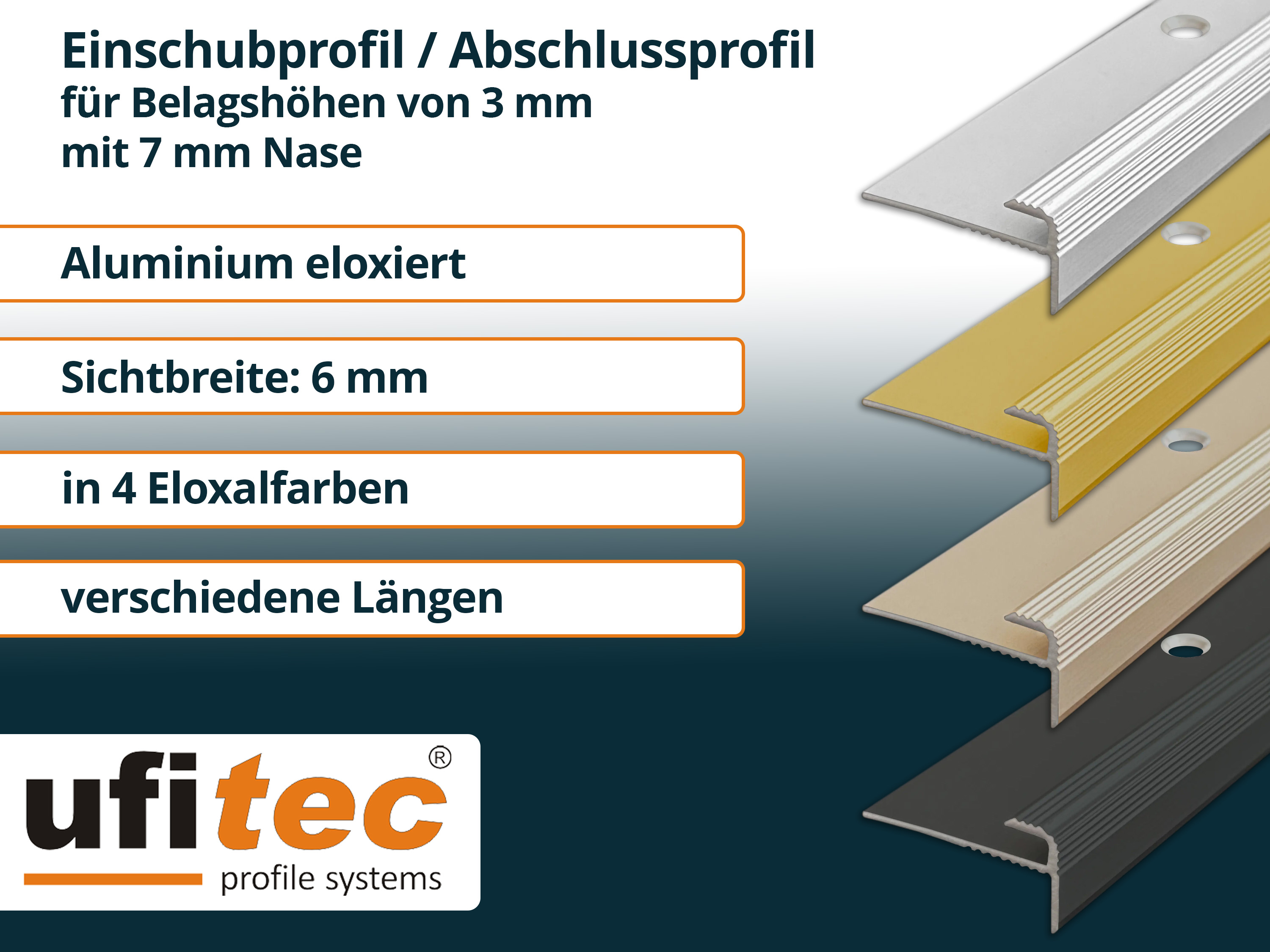 ufitec® Einschubprofil für Belagshöhen bis 3 mm mit 7 mm Nase Treppen-/Stufen Abschlussprofil ufitec® Einschubprofil für Belagshöhen bis 3 mm mit 7 mm Nase Treppen-/Stufen Abschlussprofil