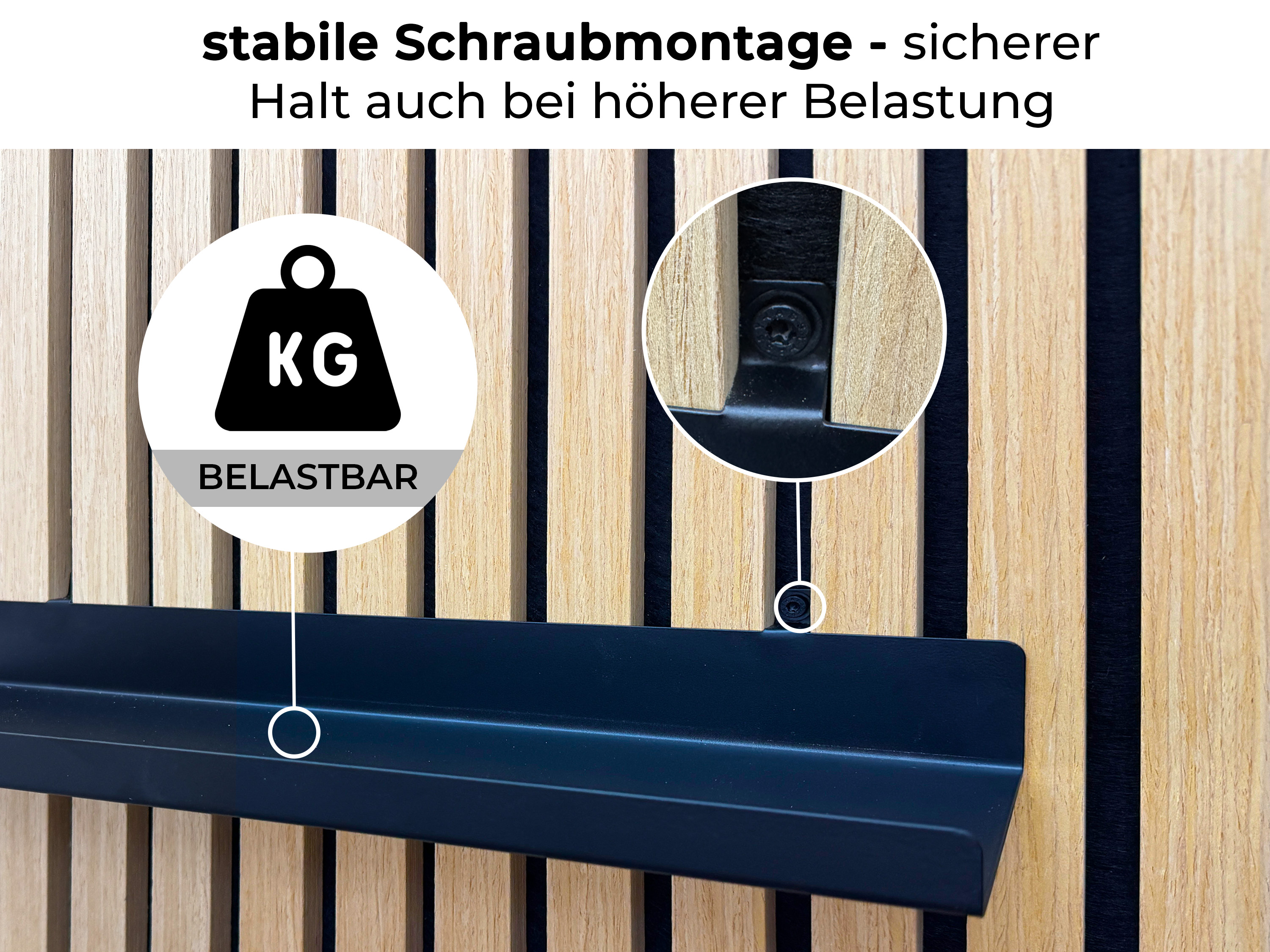 Wandregal Einhängeregal für Akustikpaneele 20 / 40 cm – schwarzes Metallregal für Lamellenwände, modernes Deko- & Ablageregal