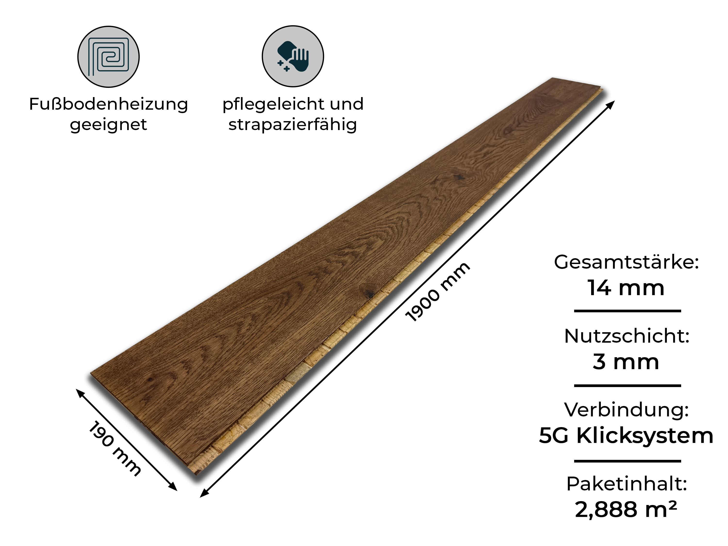 Eiche Rustikal (DE) Parkett Landhausdiele 3 Schicht gebürstet dunkelbraun endgeölt - 5G Klicksystem