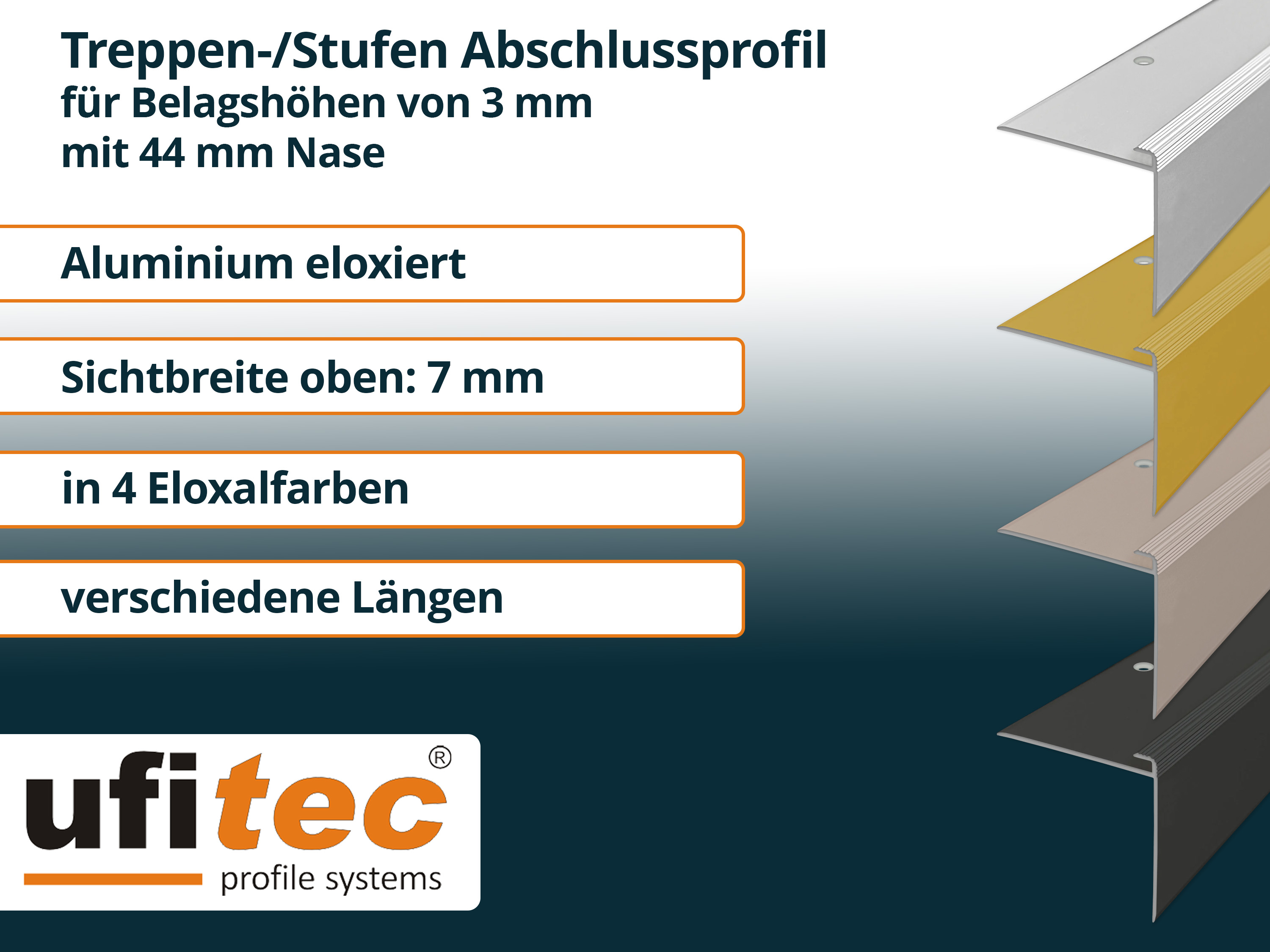 ufitec® Einschubprofil für Belagshöhen bis 3 mm mit 44 mm Nase Treppen-/Stufen Abschlussprofil ufitec® Einschubprofil für Belagshöhen bis 3 mm mit 44 mm Nase Treppen-/Stufen Abschlussprofil