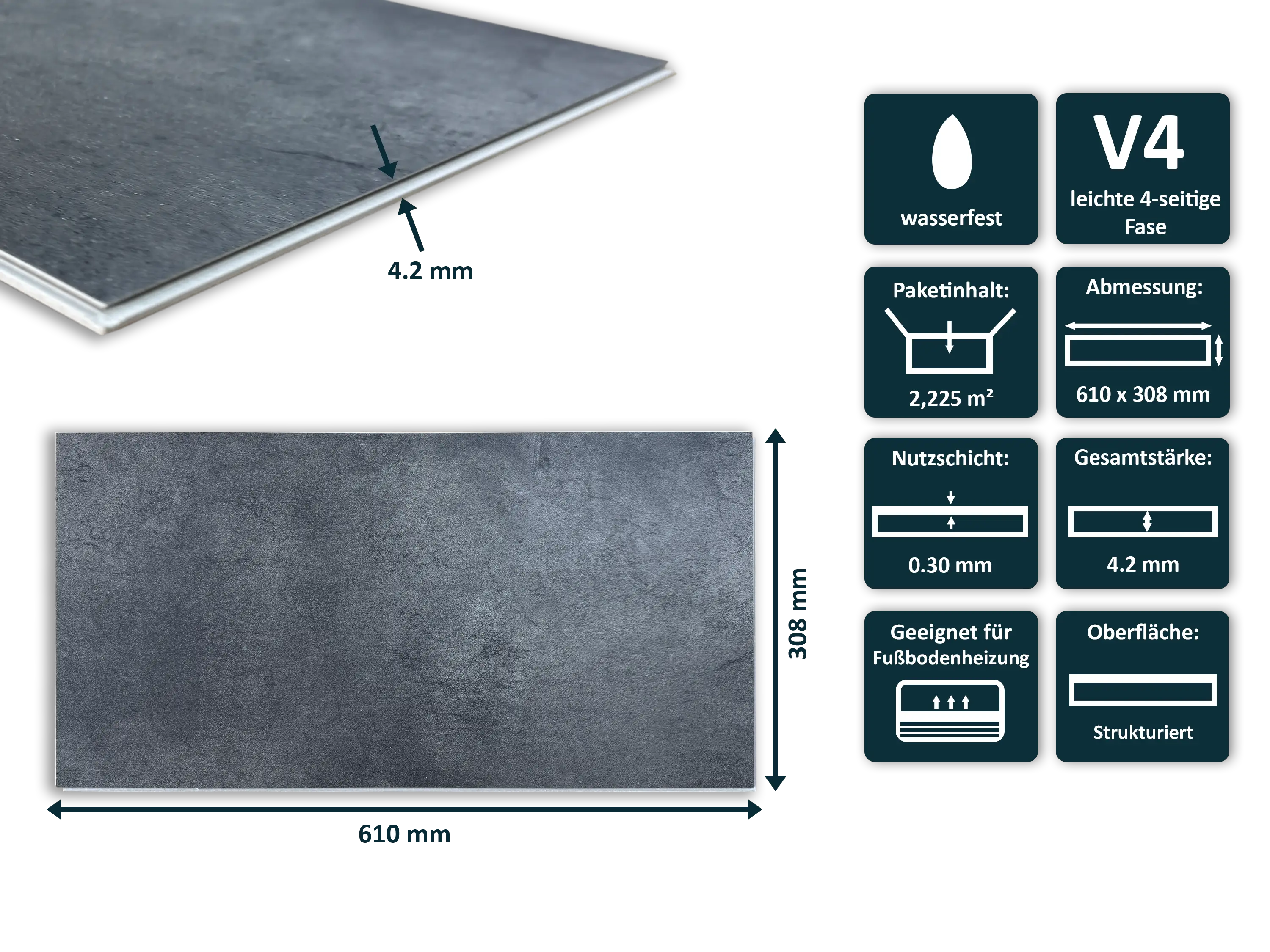 TRECOR® SPC/ RIGID Klick Vinylboden Fliesendekor - Stone Dark mit V- Fuge 4.2 mm TRECOR® SPC/ RIGID Klick Vinylboden Fliesendekor - Stone Dark mit V- Fuge 4.2 mm