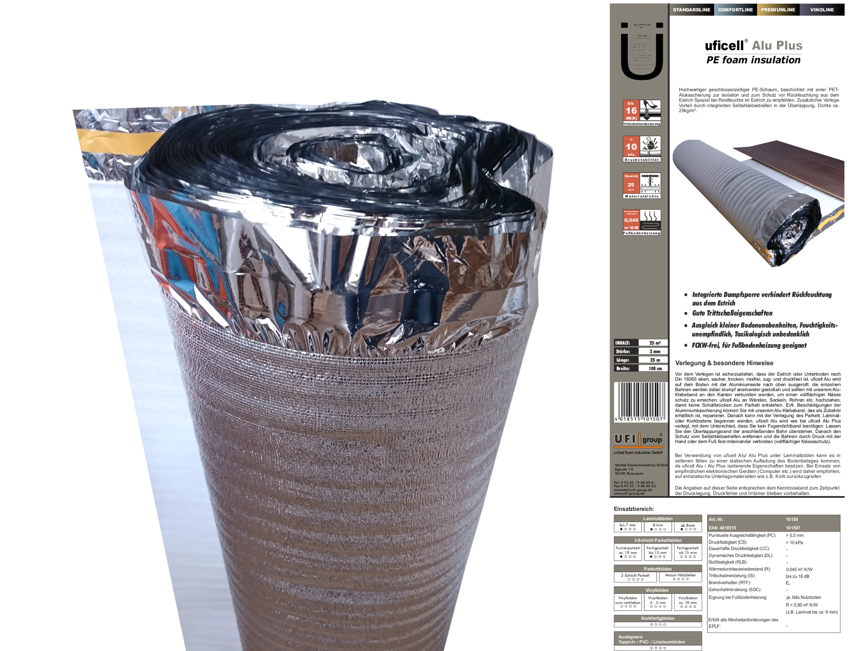 uficell® ALUPLUS PE-Schaum Laminat Verlegeunterlage Trittschalldämmung für Fußbodenheizung uficell® ALUPLUS PE-Schaum Laminat Verlegeunterlage Trittschalldämmung für Fußbodenheizung