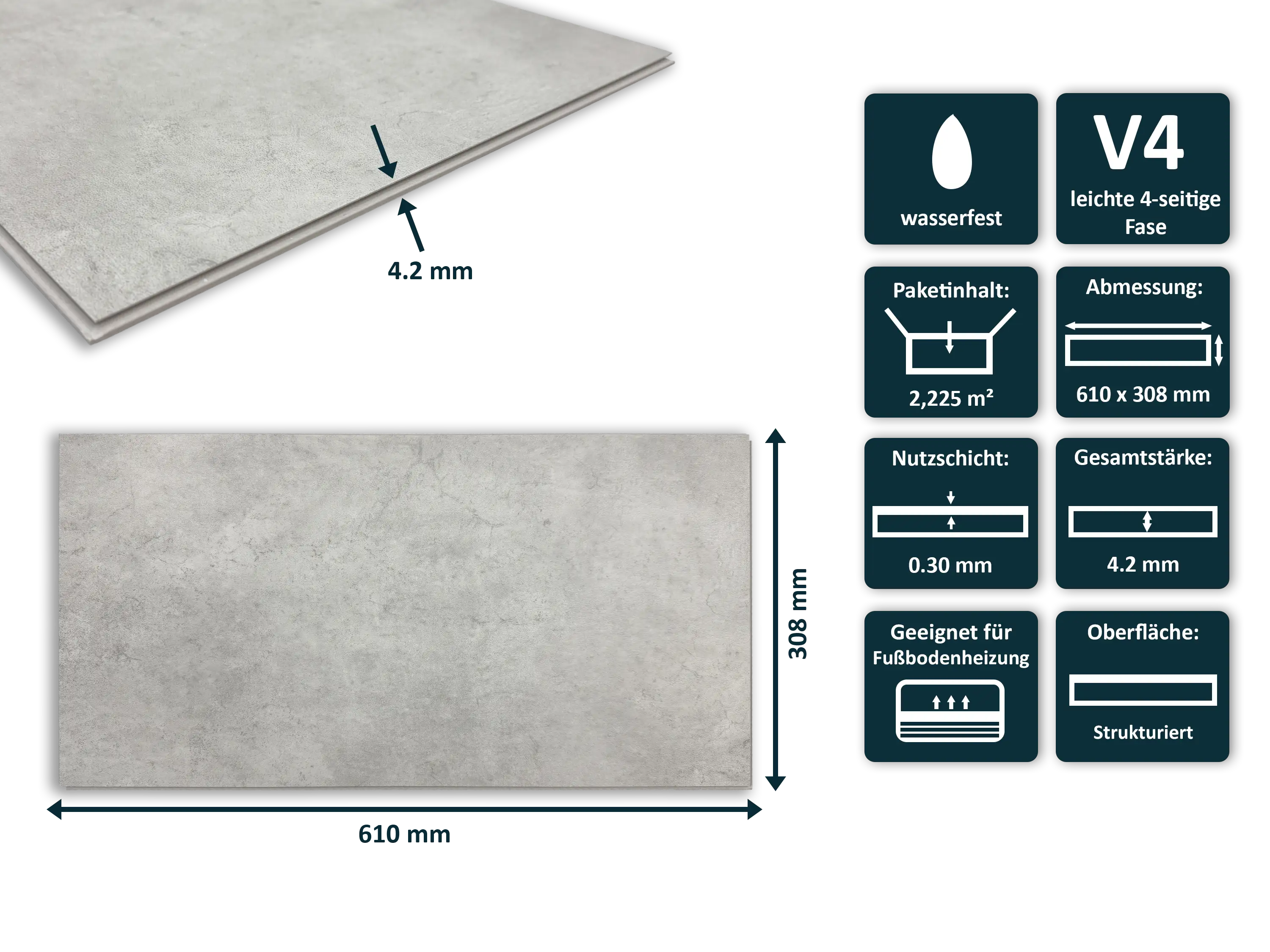 TRECOR® SPC/ RIGID Klick Vinylboden Fliesendekor - Stone White mit V- Fuge 4.2 mm TRECOR® SPC/ RIGID Klick Vinylboden Fliesendekor - Stone White mit V- Fuge 4.2 mm