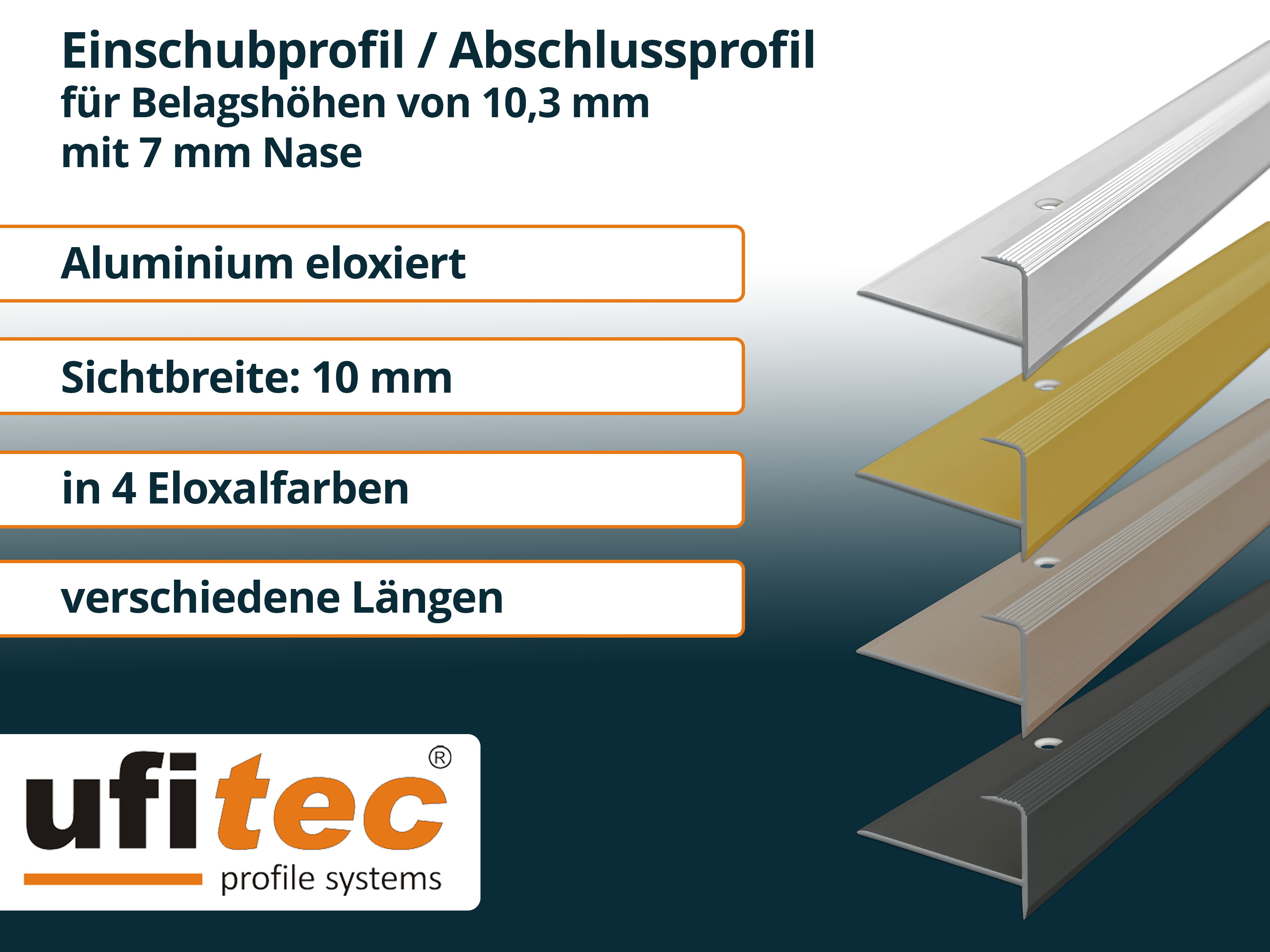 ufitec® Einschubprofil für Belagshöhen bis 10,3 mm mit 7 mm Nase Treppen-/Stufen Abschlussprofil ufitec® Einschubprofil für Belagshöhen bis 10,3 mm mit 7 mm Nase Treppen-/Stufen Abschlussprofil